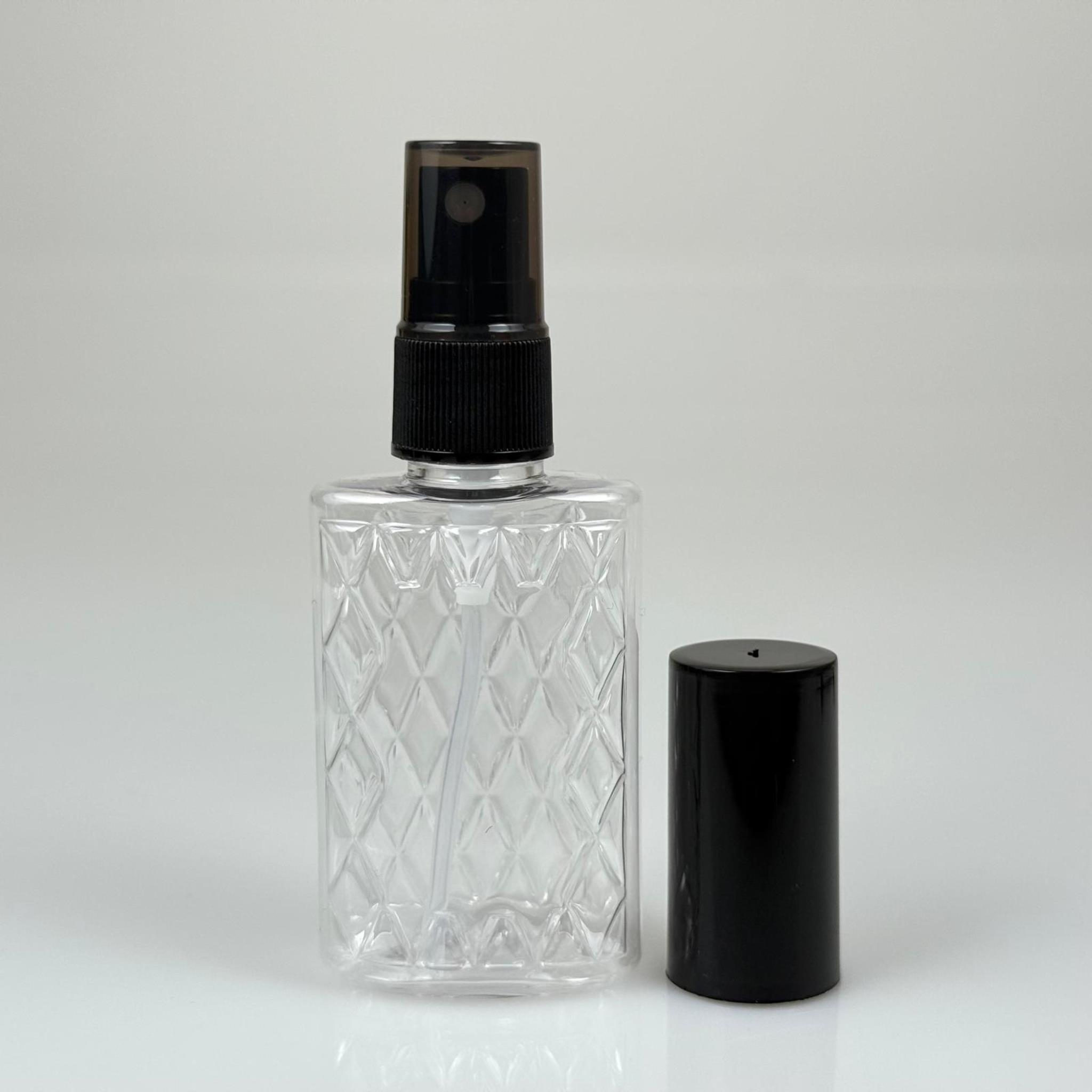 50 CC ŞEFFAF PET KÖŞELİ PARFÜM ŞİŞESİ - SİYAH SPREYLİ - SİYAH KORUMA KAPAKLI - 50 ML PLASTİK PARFÜM - KOLONYA ŞİŞESİ