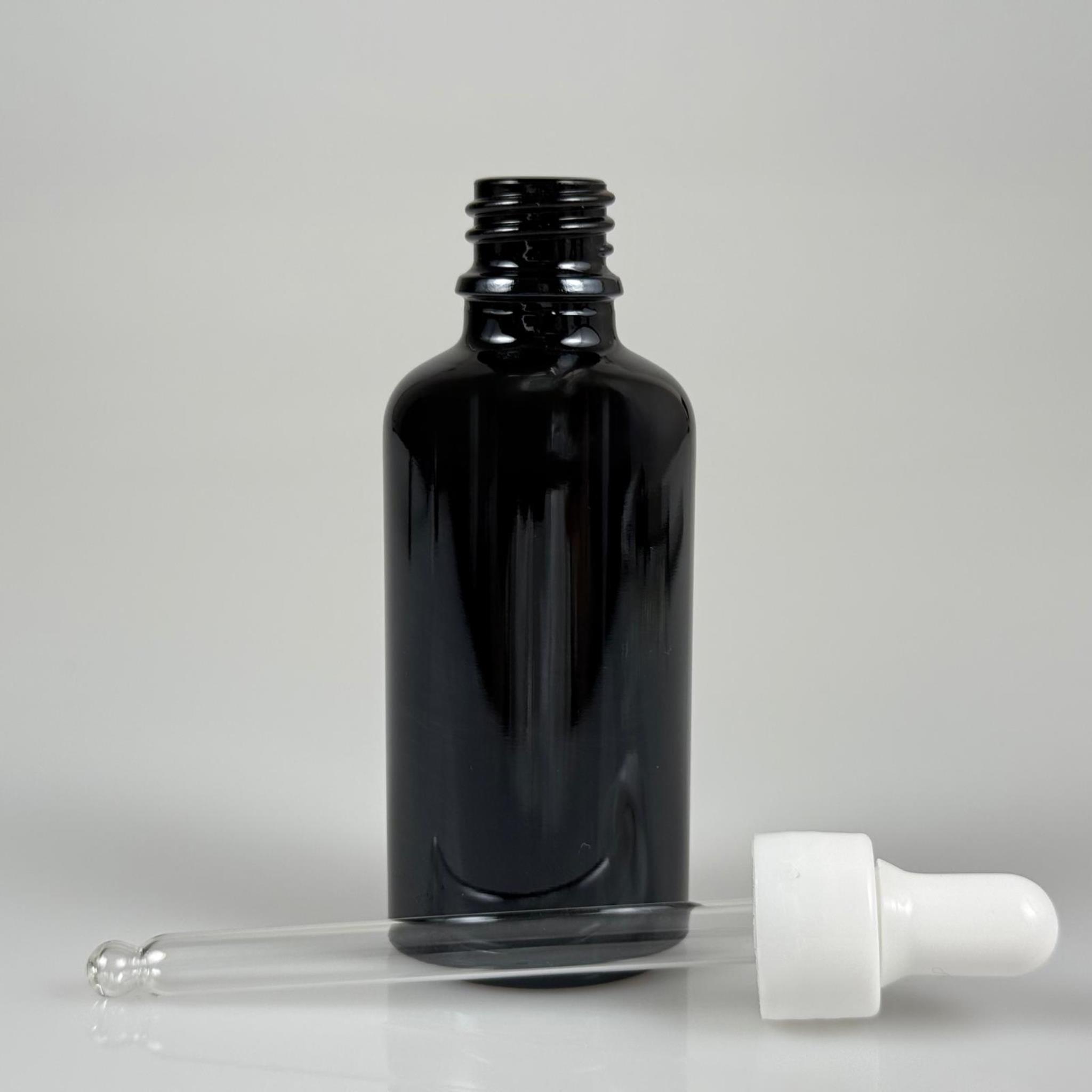 50 CC PARLAK SİYAH CAM DAMLALIKLI ŞİŞE - BEYAZ EMZİK + BEYAZ DÜZ KAPAK + CAM PİPET TAKIM - 50 ML PARLAK SİYAH DAMLALIKLI ŞİŞE SETİ
