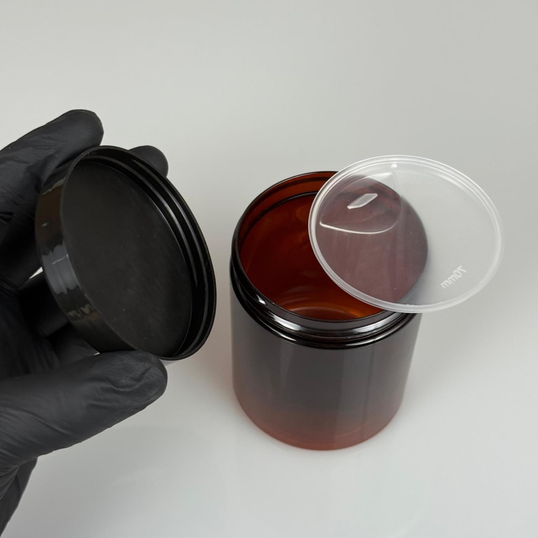 300 ML SERT PET KAVANOZ + SİYAH PLASTİK KAPAK + İÇ TIPA - 300 CC KALIN AMBER PLASTİK KAVANOZ SİYAH PLASTİK KAPAKLI İÇ TIPALI TAKIM - KREM KAVANOZLARI