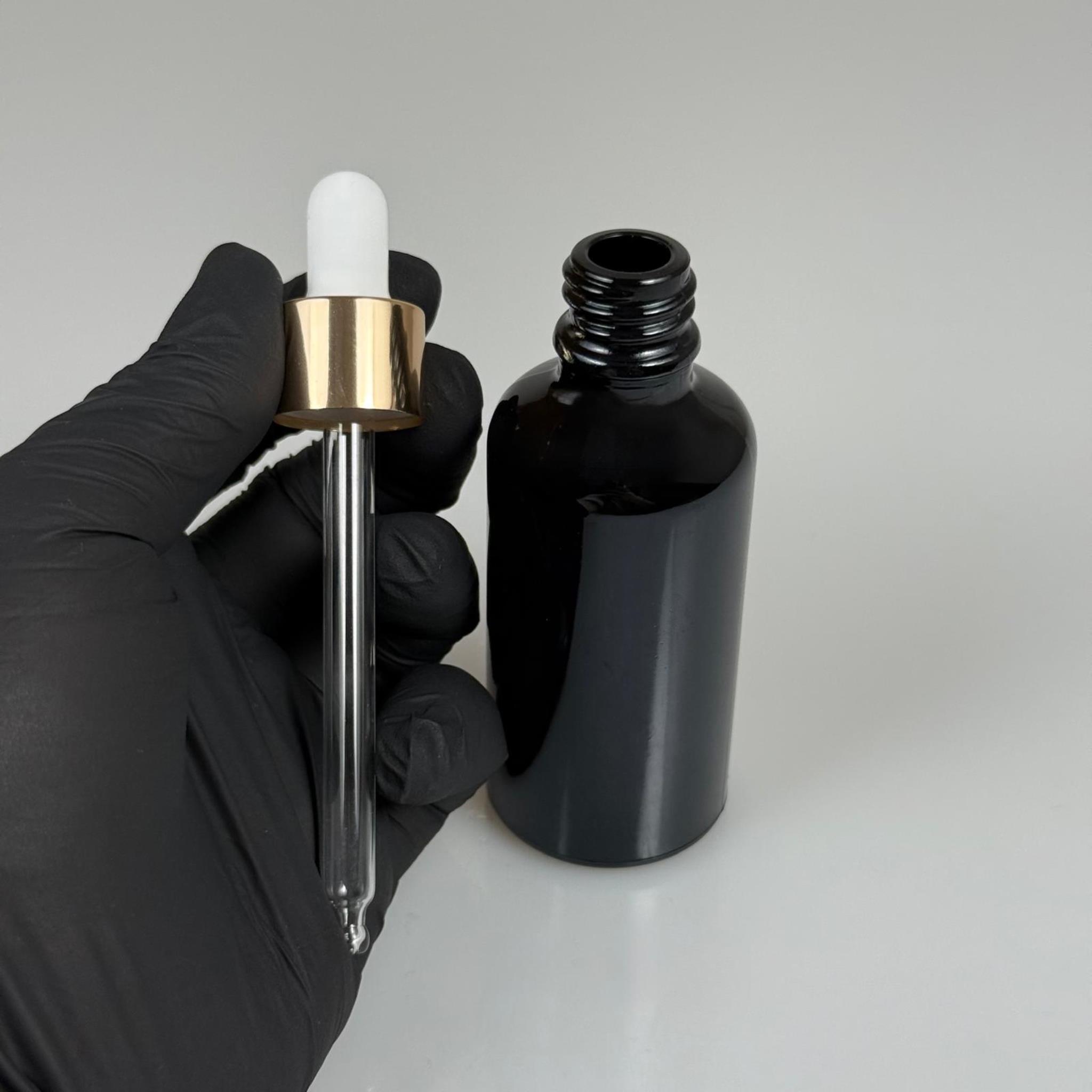 50 CC SİYAH CAM DAMLALIKLI ŞİŞE - BEYAZ EMZİK - GOLD METALİK KAPAK - 50 ML SİYAH CAM DAMLALIKLI ŞİŞE