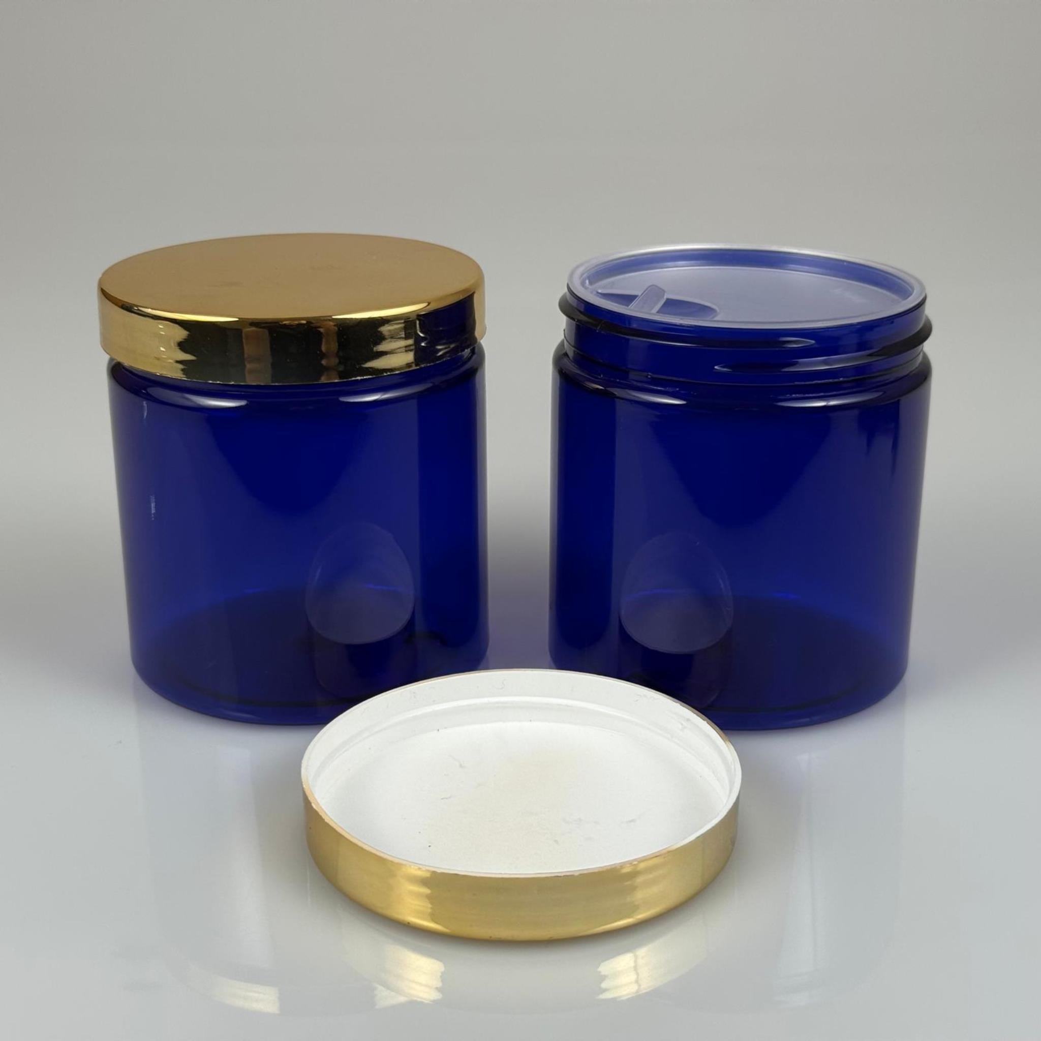 250 ML SERT PET KAVANOZ + GOLD KAPLAMALI PLASTİK KAPAK + İÇ TIPA - 250 CC KALIN MAVİ PLASTİK KAVANOZ GOLD KAPLAMALI PLASTİK KAPAKLI İÇ TIPALI TAKIM - KREM KAVANOZLARI