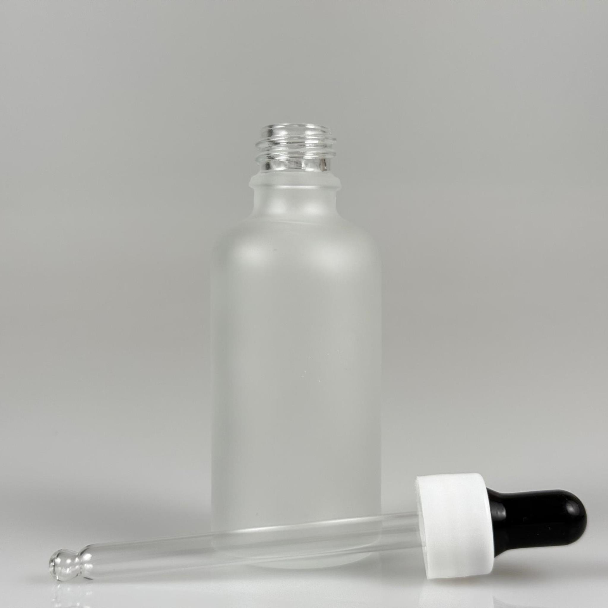 50 CC BUZLU CAM DAMLALIKLI ŞİŞE - SİYAH EMZİK + BEYAZ DÜZ KAPAK + CAM PİPET TAKIM - 50 ML BUZLU DAMLALIKLI ŞİŞE SETİ