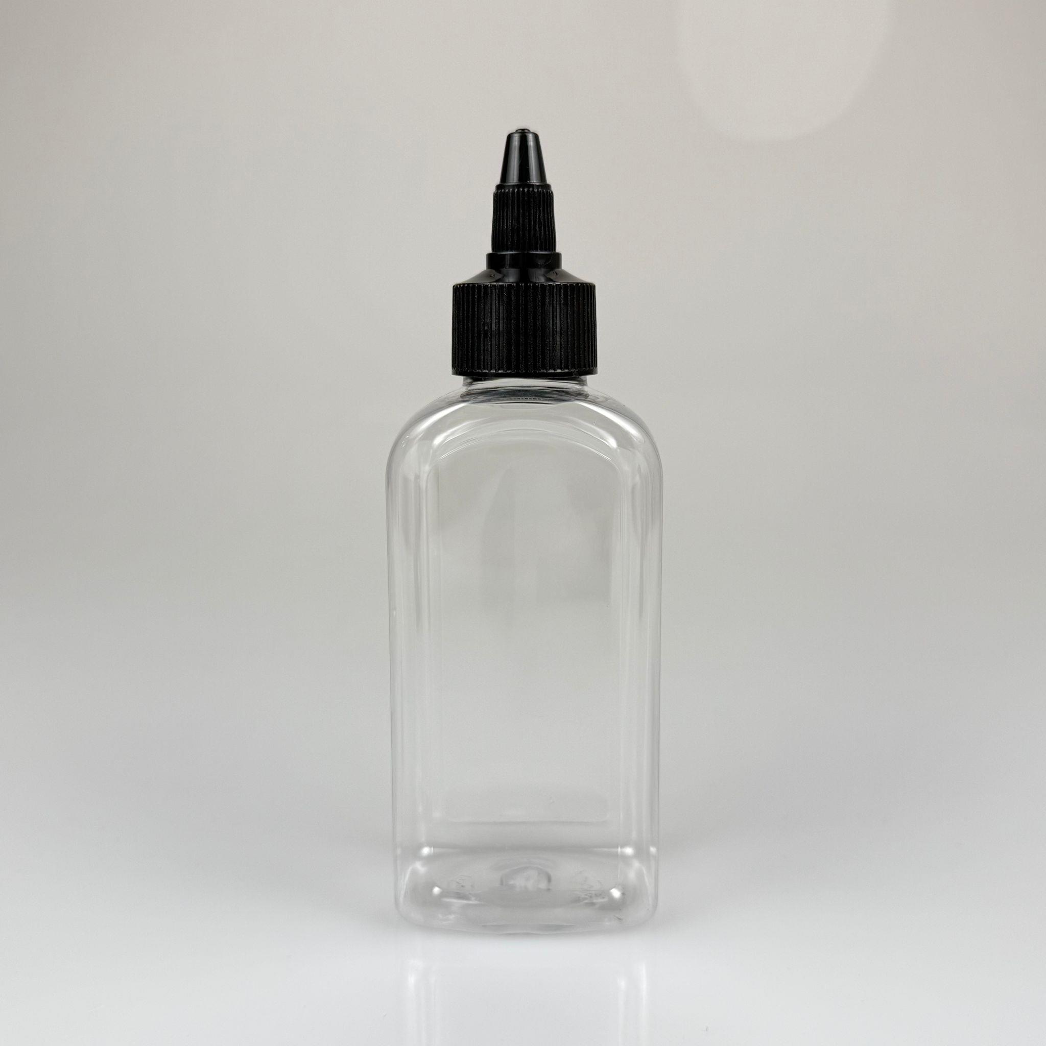 YAĞ, SOS, ACI SOS, SİRKE, SRIRACHA, MÜREKKEP, TUTKAL AKITICI VB BOŞ ŞİŞELERİ - SİYAH SİVRİ TWİST AKITICI KAPAK + 140 ML YASSI KÖŞELİ SERT PET PLASTİK ŞİŞE TAKIM