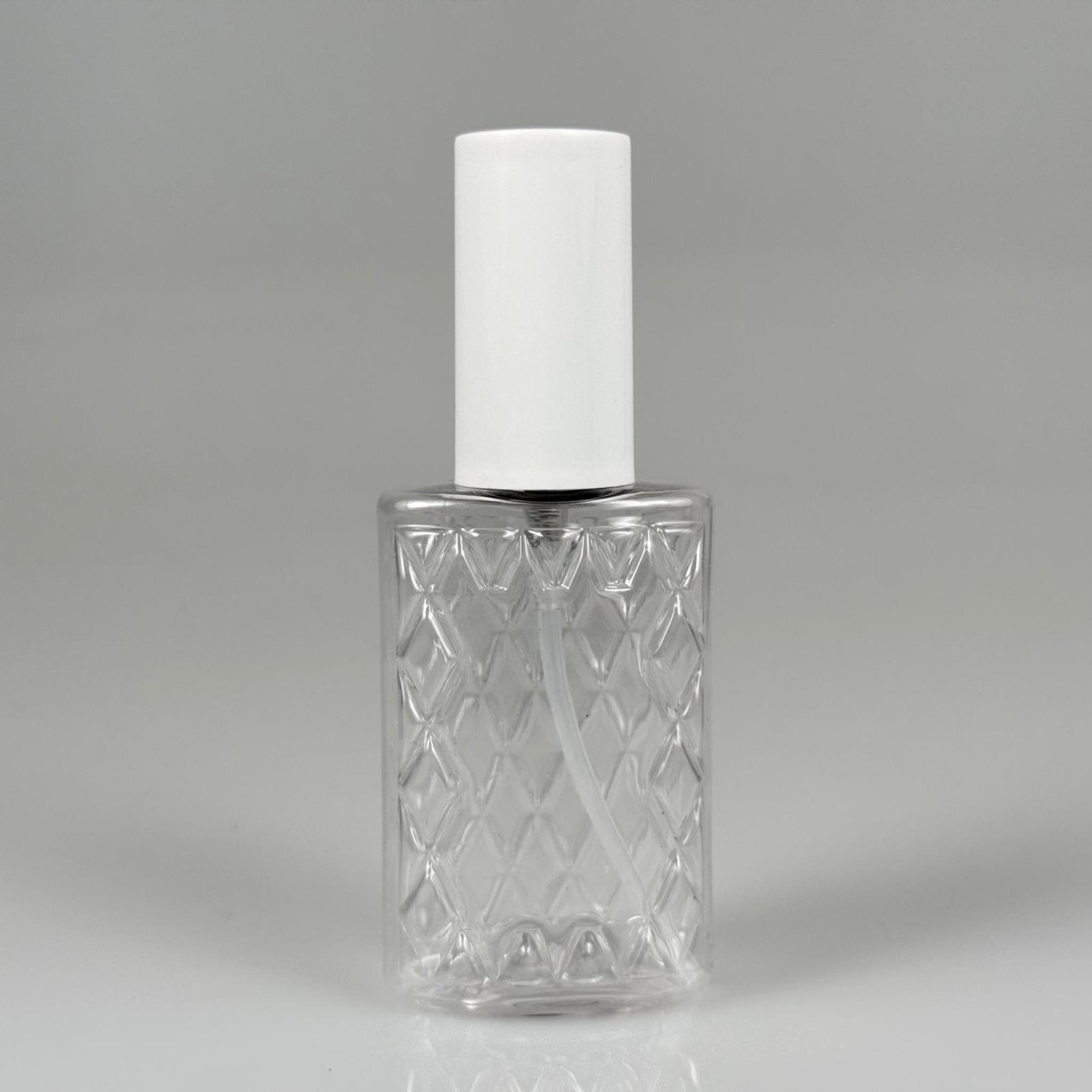 50 CC ŞEFFAF PET KÖŞELİ PARFÜM ŞİŞESİ - SİYAH SPREYLİ - BEYAZ KORUMA KAPAKLI - 50 ML PLASTİK PARFÜM - KOLONYA ŞİŞESİ