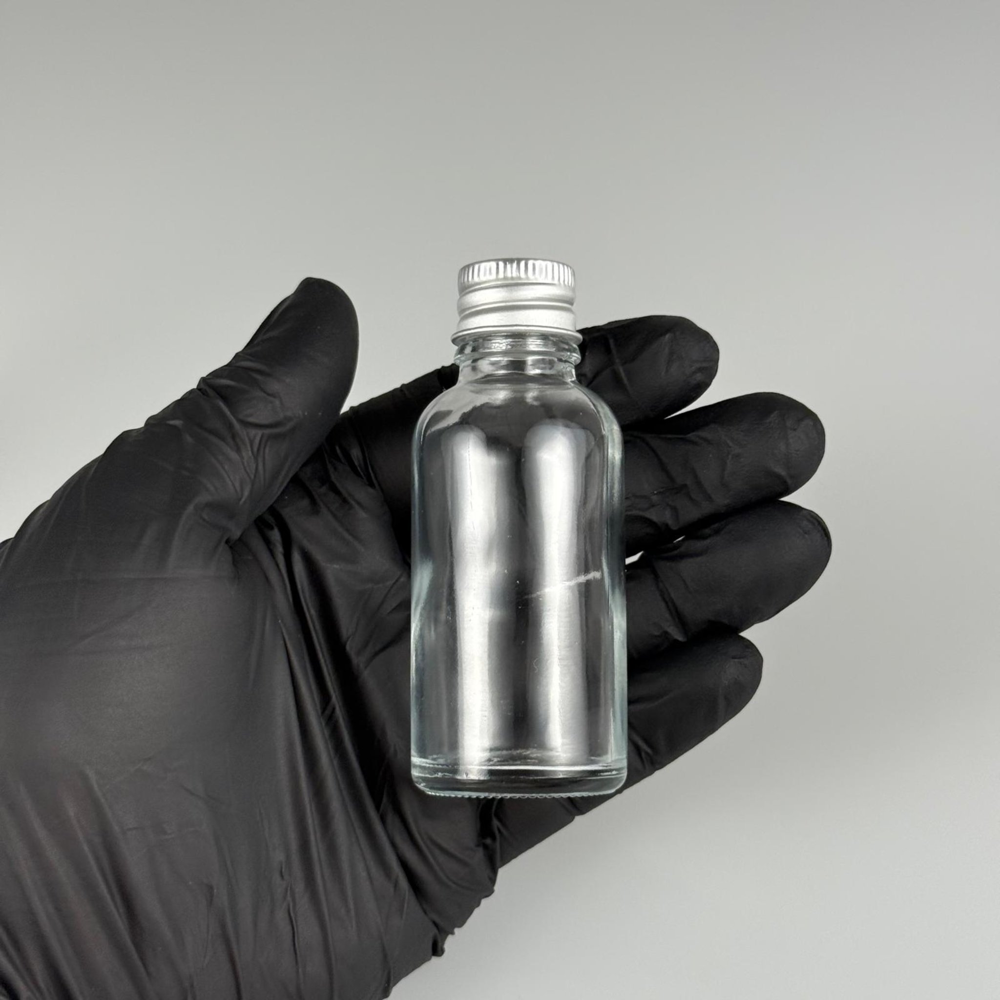 30 CC ŞEFFAF CAM ŞİŞE + KÖPÜK CONTALI GÜMÜŞ ALÜMİNYUM METAL KAPAKLI TAKIM - 30 ML ŞEFFAF CAM ŞİŞE