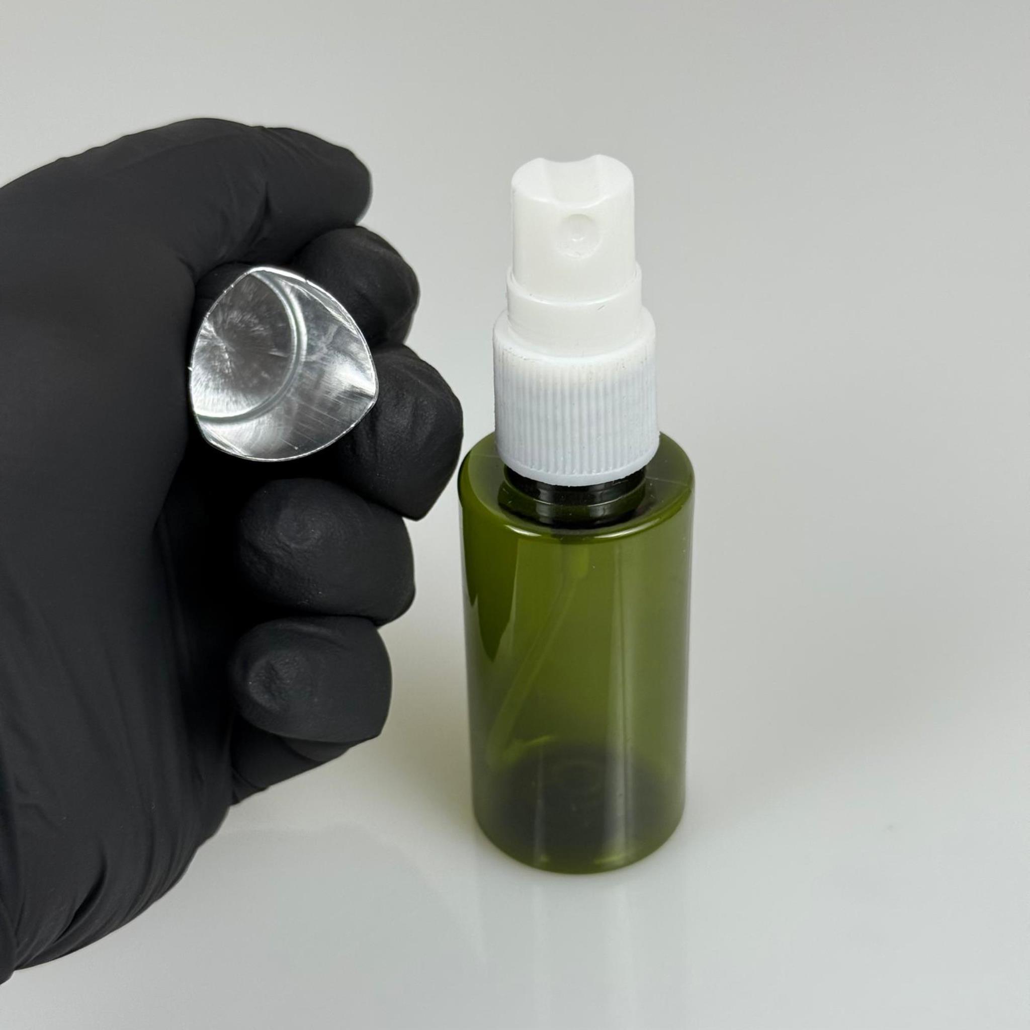 35 ML PET KOLONYA, PARFÜM VB ŞİŞELERİ - METAL ALÜMİNYUM GÜMÜŞ KAPAK + VİDALI SPREY + 35 CC YEŞİL ŞİŞE SET TAKIM