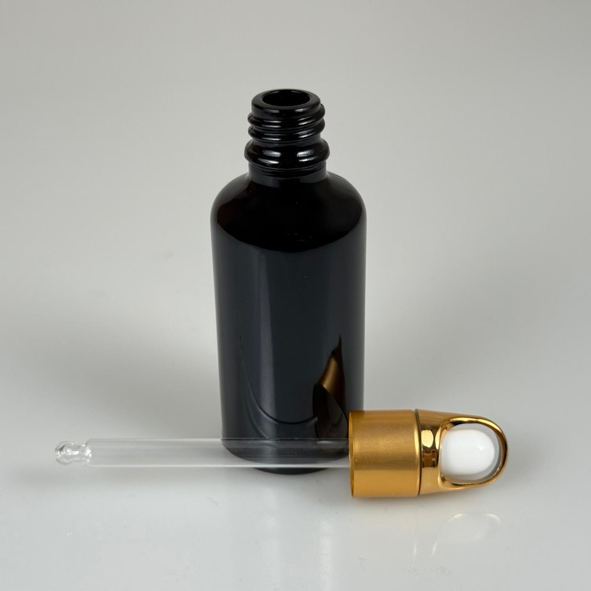 50 CC SİYAH CAM DAMLALIKLI ŞİŞE - BEYAZ EMZİK - GOLD FLOWER SEPET MODEL METALİK KAPAK - 50 ML CAM DAMLALIKLI ŞİŞE