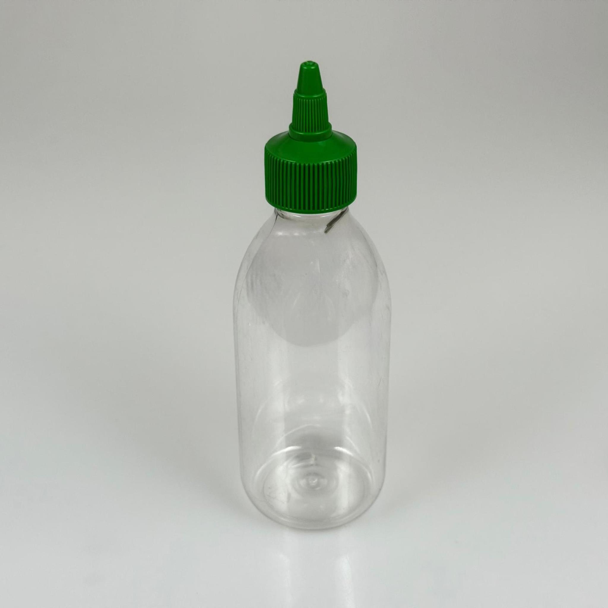 ZEYTİNYAĞI, SOS, ACI SOS, SİRKE, SRIRACHA VB BOŞ ŞİŞELERİ - YEŞİL SİVRİ TWİST AKITICI KAPAK + 250 ML ŞEFFAF FRANSIZ PET PLASTİK ŞİŞE TAKIM