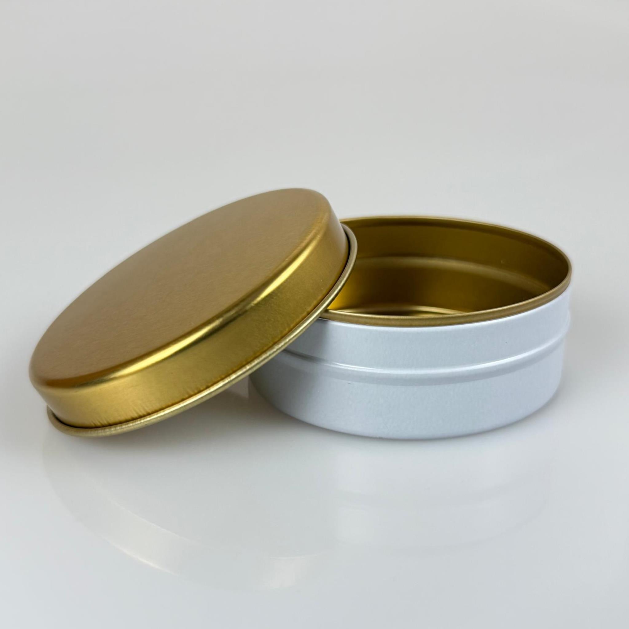 100 CC TENEKE KUTU - BEYAZ - GOLD KAPAKLI - METAL AMBALAJ - MUM TENEKESİ 77 X 28 MM