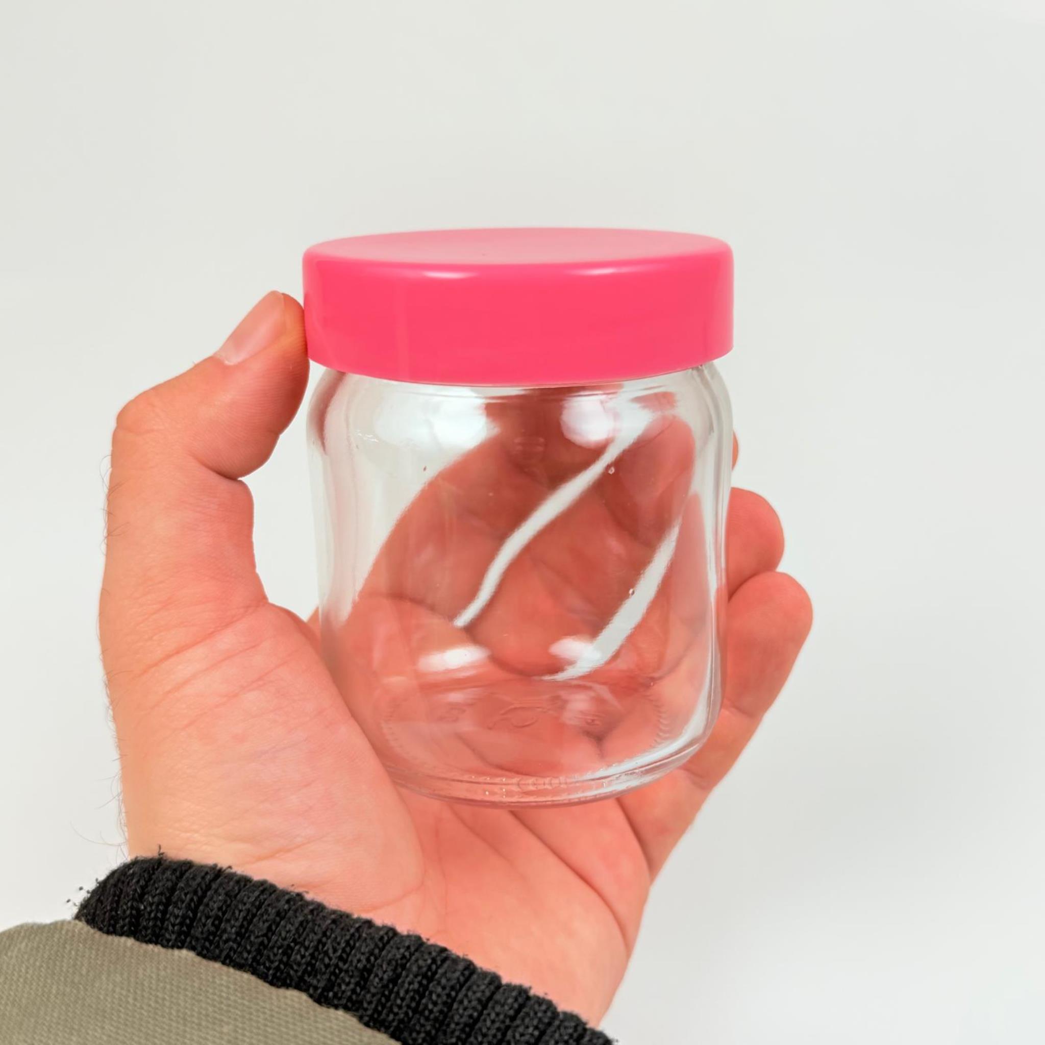 210 CC CAM KAVANOZ + PEMBE PLASTİK KAPAK - 210 ML PLASTİK KAPAKLI CAM KAVANOZ