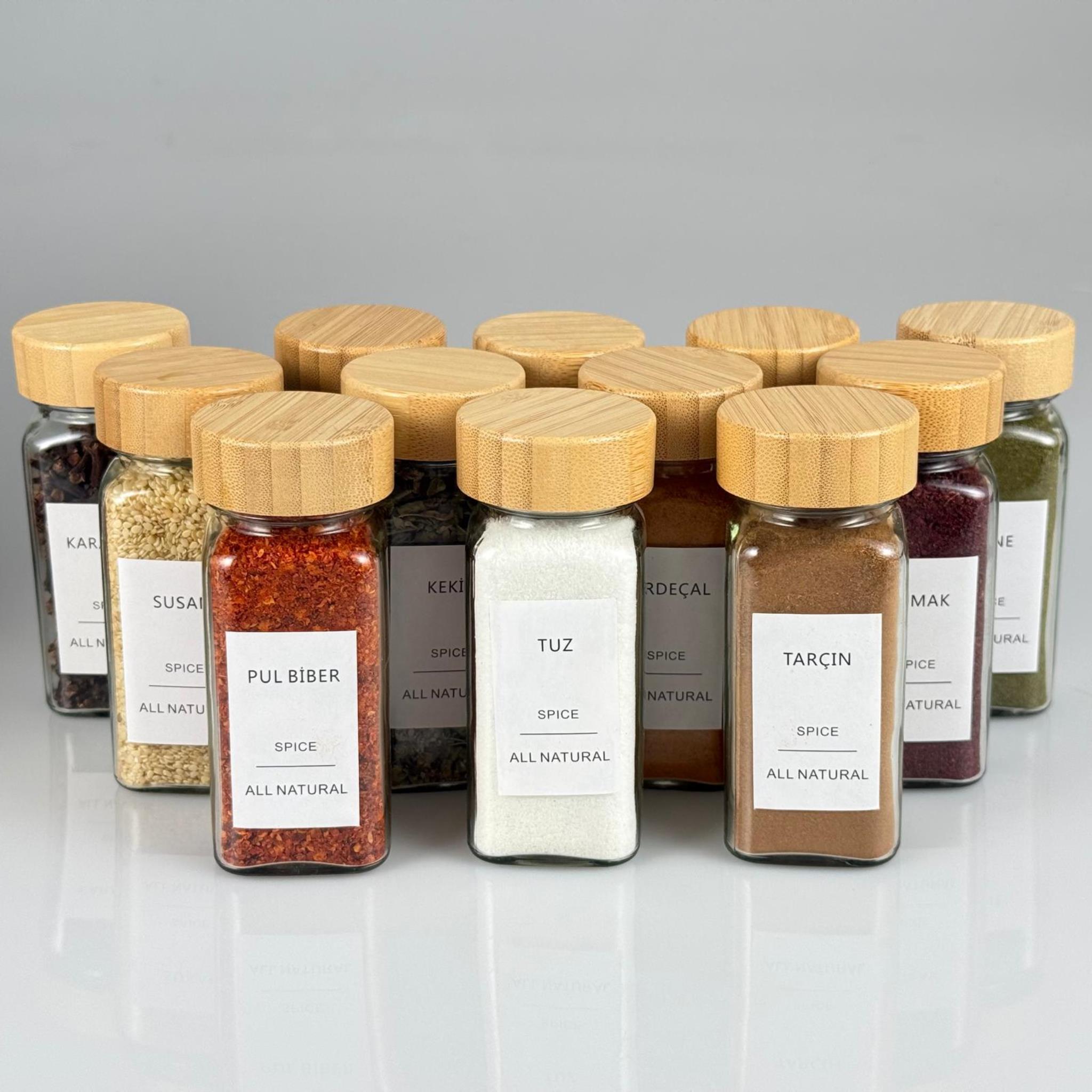 !!12 Lİ!! ETİKETLİ TAKIM 120 CC KARE BAHARAT KAVANOZU - BAMBU AHŞAP KAPAK - İÇ TIPA
