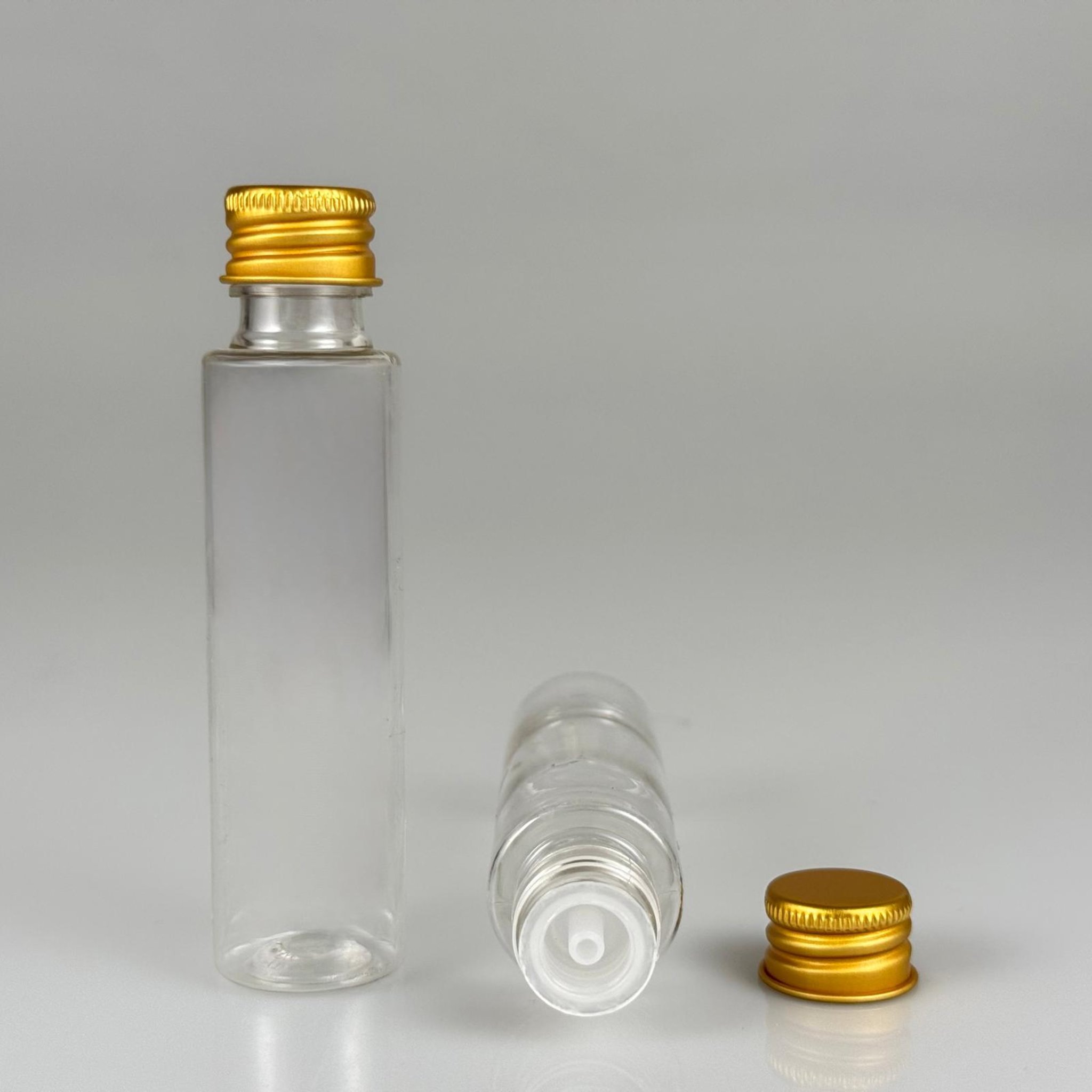 35 CC PET ŞİŞE - KÖPÜK CONTALI GOLD ALÜMİNYUM METAL KAPAKLI + DAMLALIKLI KOLONYA TIPALI TAKIM - 35 ML ŞEFFAF PET ŞİŞE