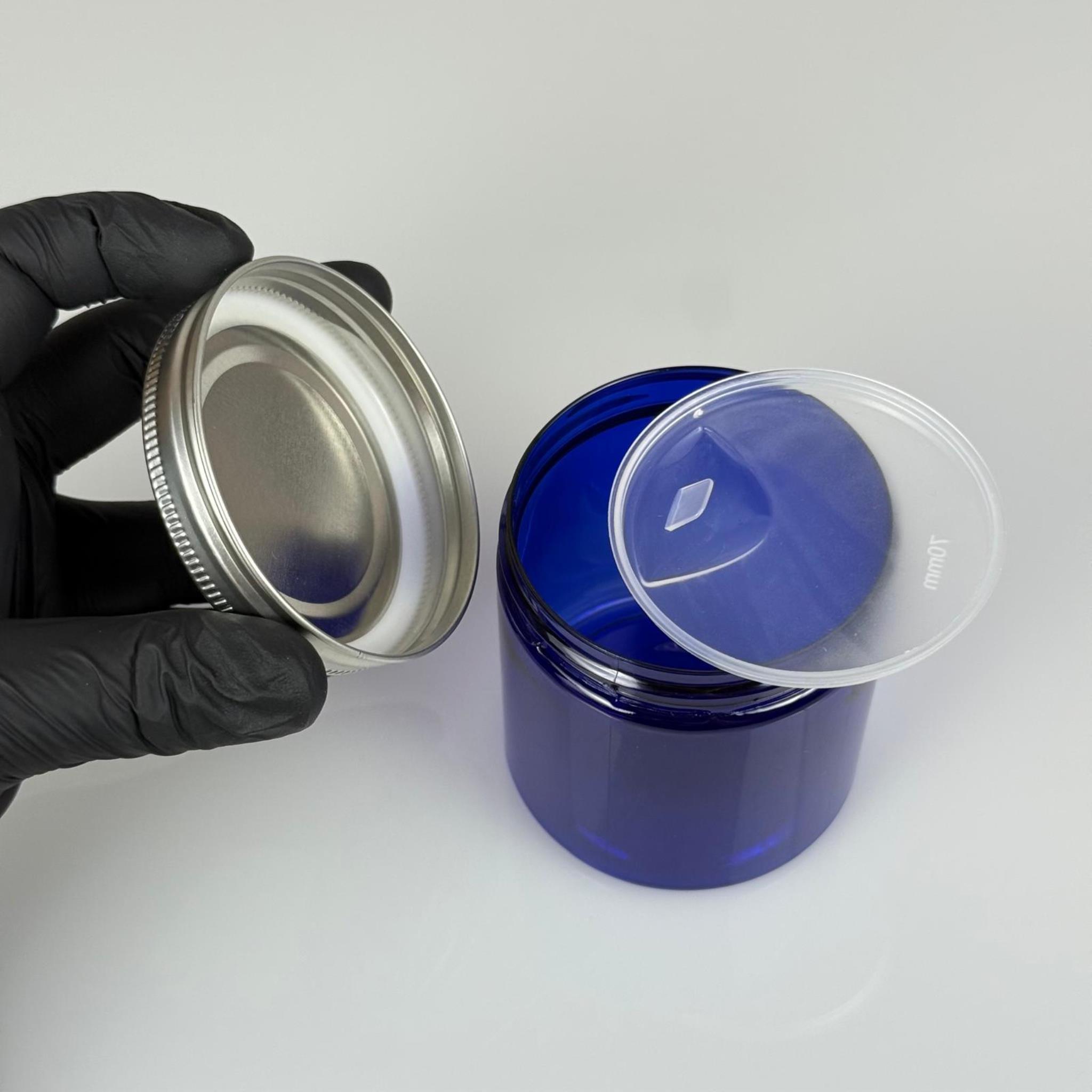 250 ML SERT PET KAVANOZ + GÜMÜŞ METAL KAPAK + İÇ TIPA - 250 CC KALIN MAVİ PLASTİK KAVANOZ GÜMÜŞ METAL KAPAKLI İÇ TIPALI TAKIM - KREM KAVANOZLARI
