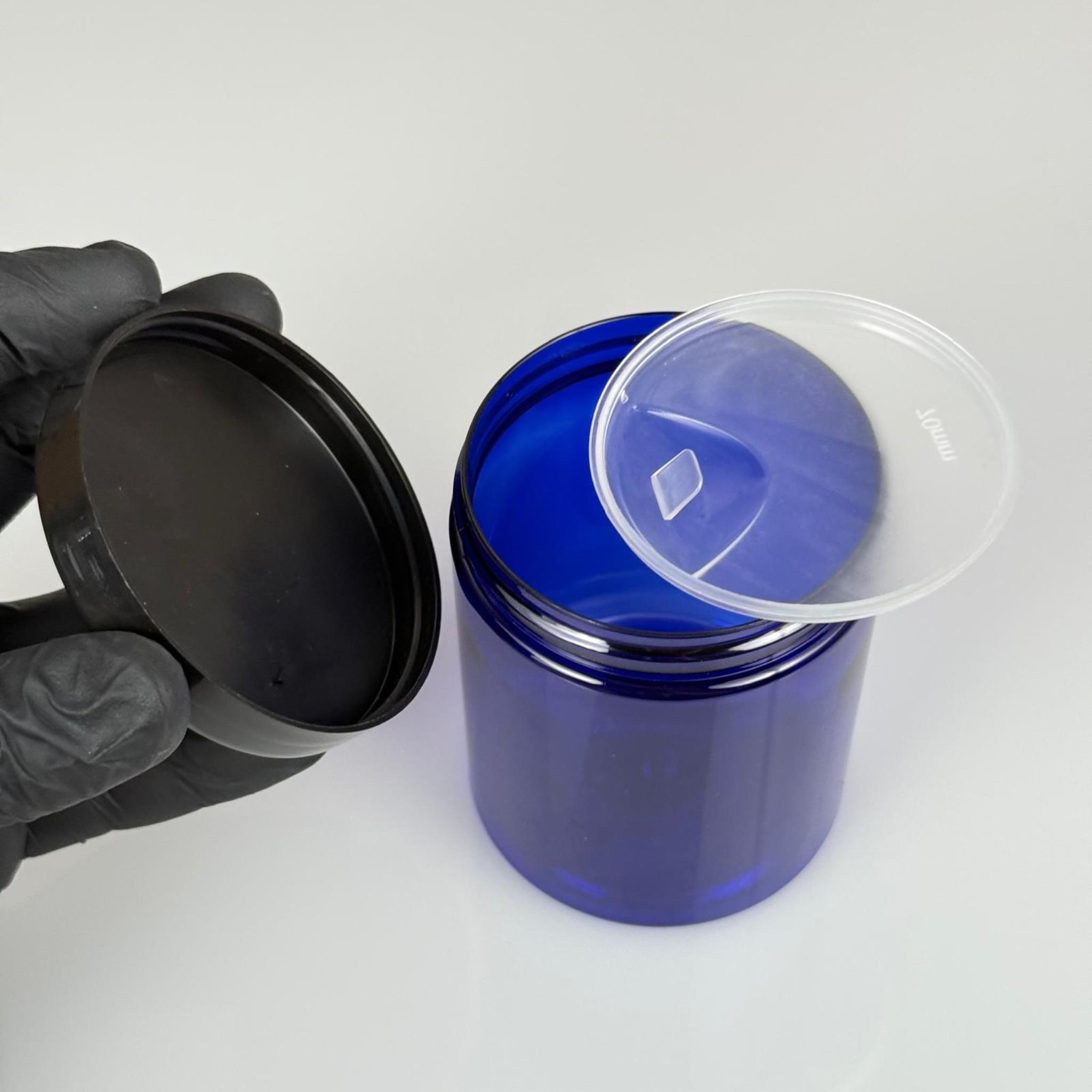 300 ML SERT PET KAVANOZ + SİYAH PLASTİK KAPAK + İÇ TIPA - 300 CC KALIN MAVİ PLASTİK KAVANOZ SİYAH PLASTİK KAPAKLI İÇ TIPALI TAKIM - KREM KAVANOZLARI