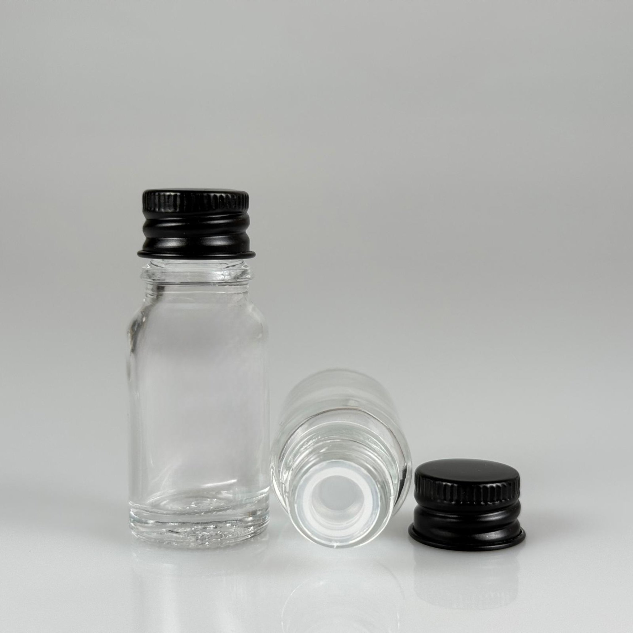 10 CC ŞEFFAF CAM ŞİŞE + KÖPÜK CONTALI SİYAH ALÜMİNYUM METAL KAPAKLI + KÖR TIPALI TAKIM - 10 ML ŞEFFAF CAM ŞİŞE
