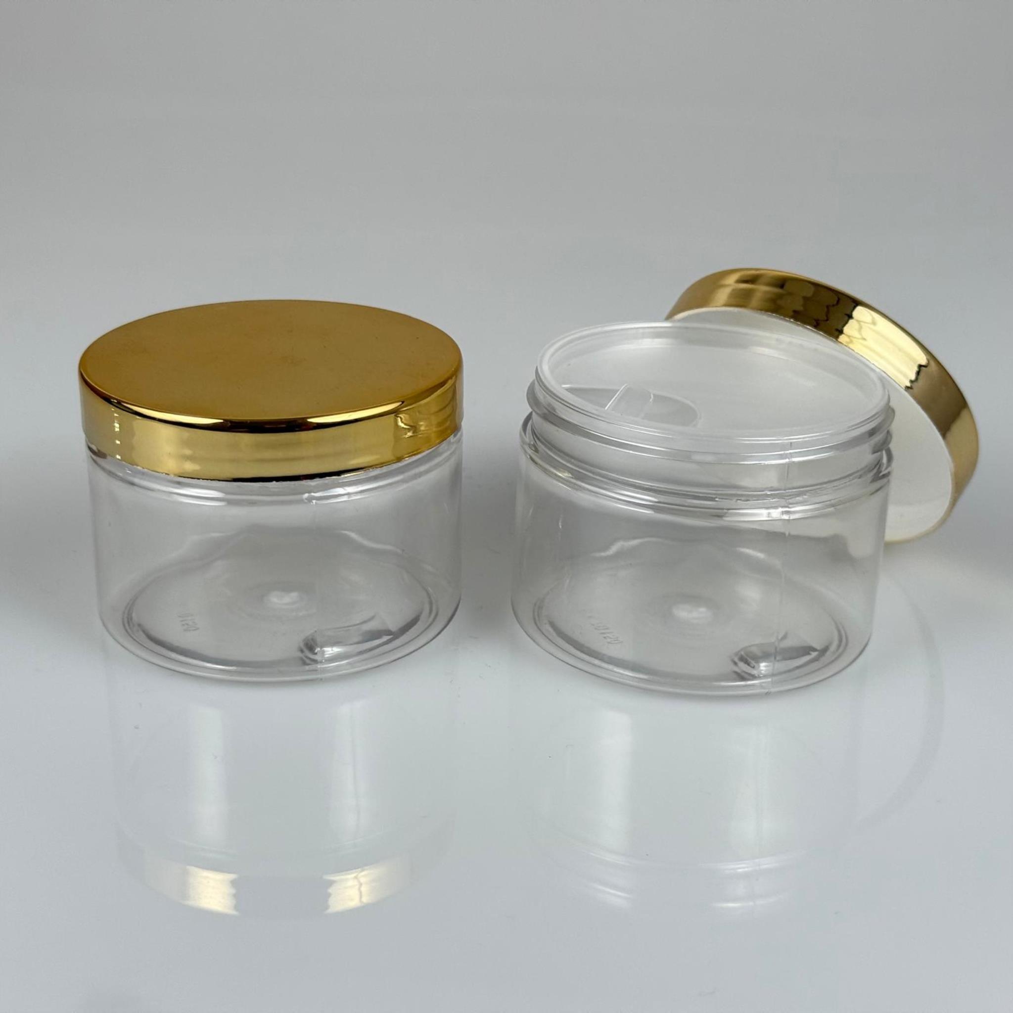 150 ML SERT PET KAVANOZ + GOLD KAPLAMALI PLASTİK KAPAK + İÇ TIPA - 150 CC KALIN ŞEFFAF PLASTİK KAVANOZ GOLD KAPLAMALI PLASTİK KAPAKLI İÇ TIPALI TAKIM - KREM KAVANOZLARI