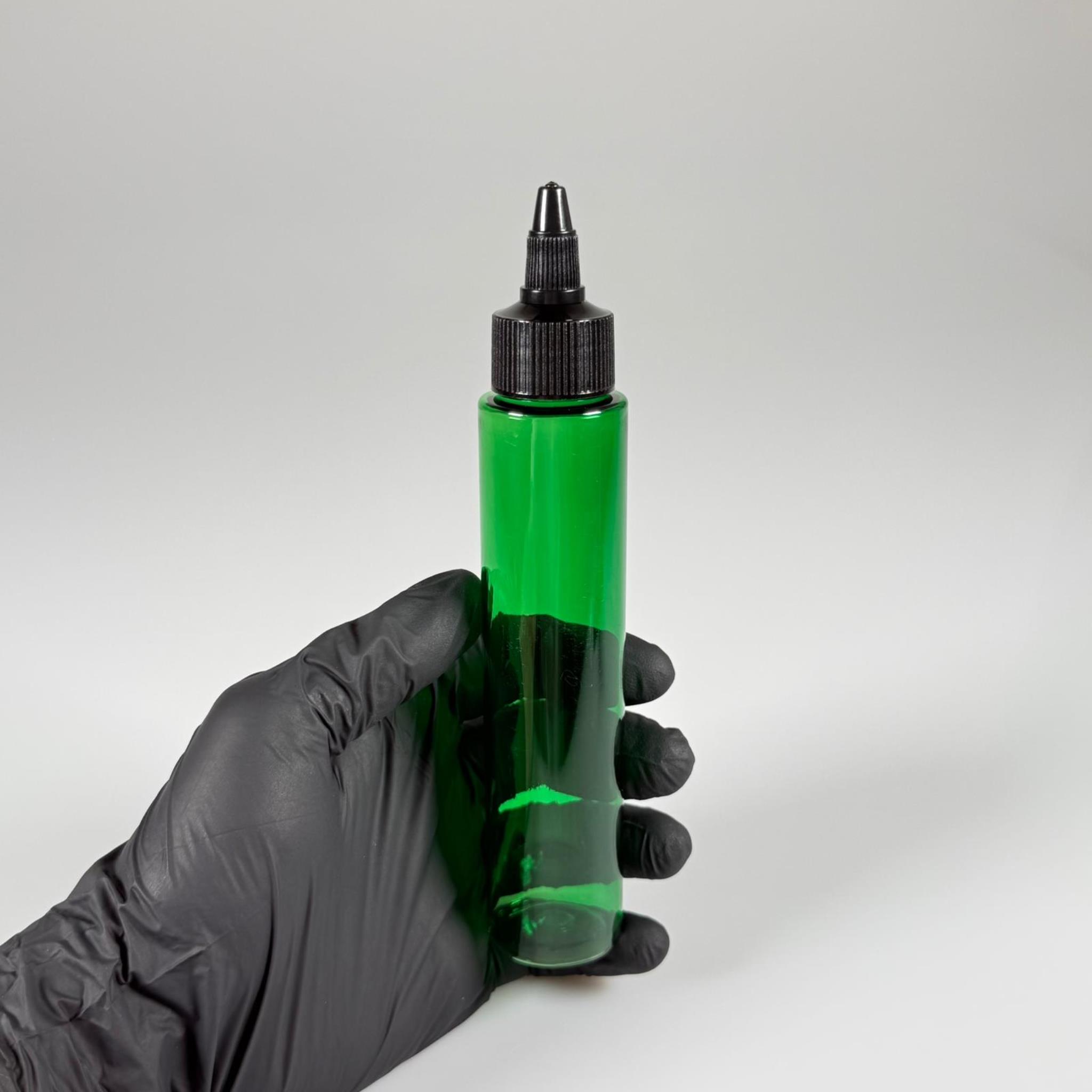 100 CC UZUN SİLİNDİR YEŞİL PET ŞİŞE (24 GR) - SİYAH TWİST SİVRİ ASANSÖR AKITICI KAPAKLI - 100 ML BİBERİYE SUYU, LAVANTA YAĞI, SAÇ SERUM, TONİK VB İÇİN PLASTİK KOZMETİK AMBALAJLARI
