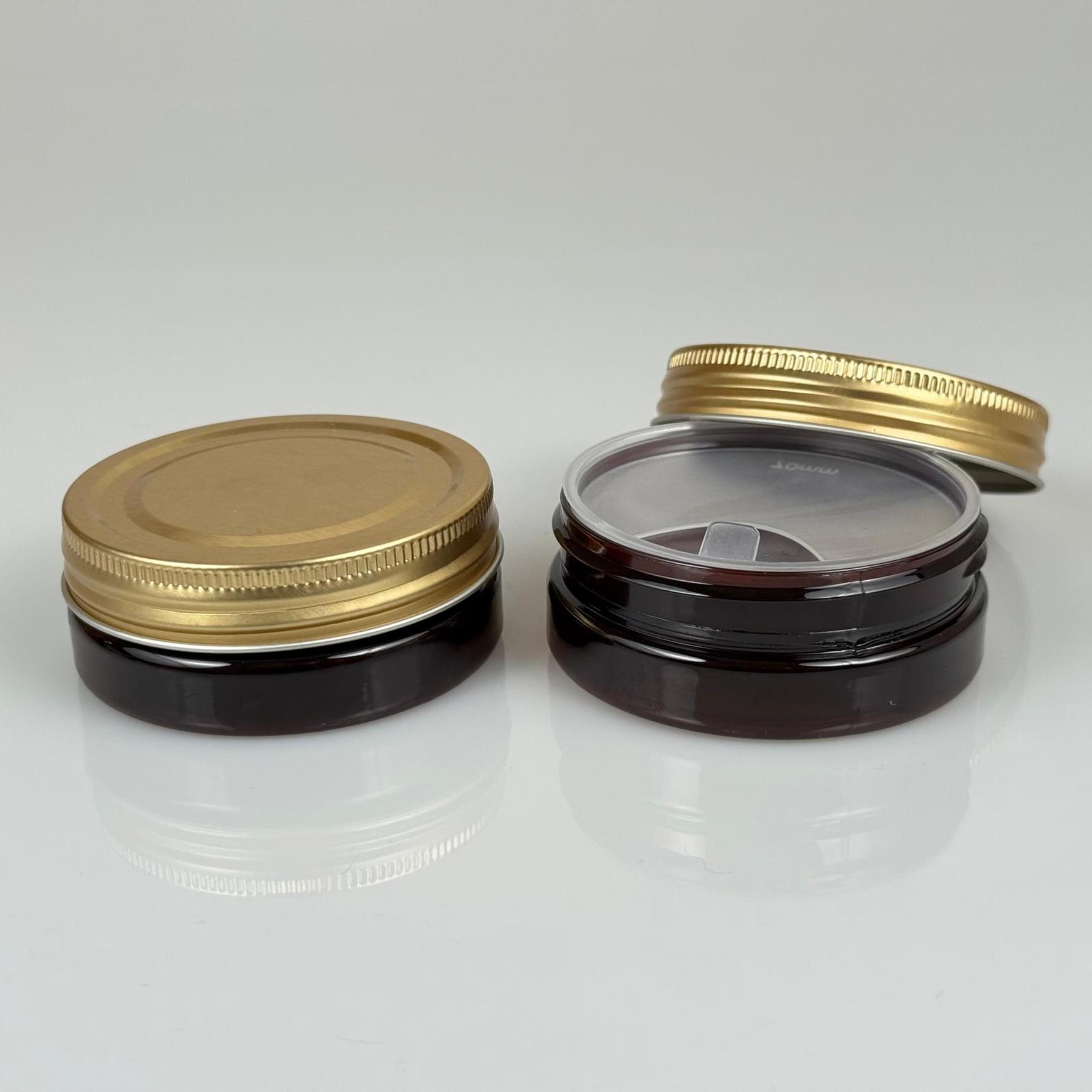 50 ML SERT PET KAVANOZ + GOLD METAL KAPAK + İÇ TIPA - 50 CC KALIN AMBER PLASTİK KAVANOZ GOLD METAL KAPAKLI İÇ TIPALI TAKIM - KREM KAVANOZLARI