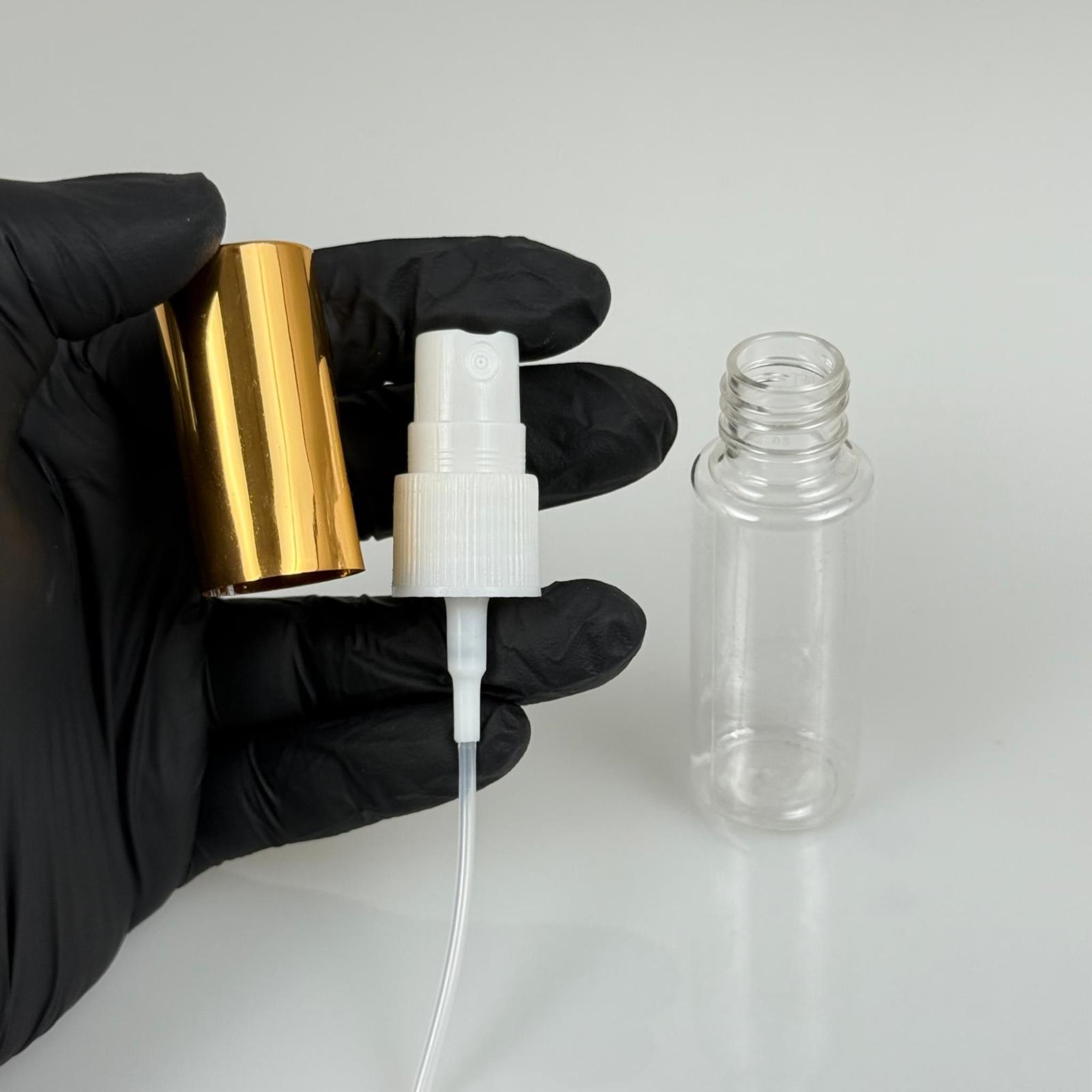 30 ML PET KOLONYA, PARFÜM VB ŞİŞELERİ - METAL ALÜMİNYUM GOLD KAPAK + VİDALI SPREY + 30 CC SHOT ŞİŞE SET TAKIM