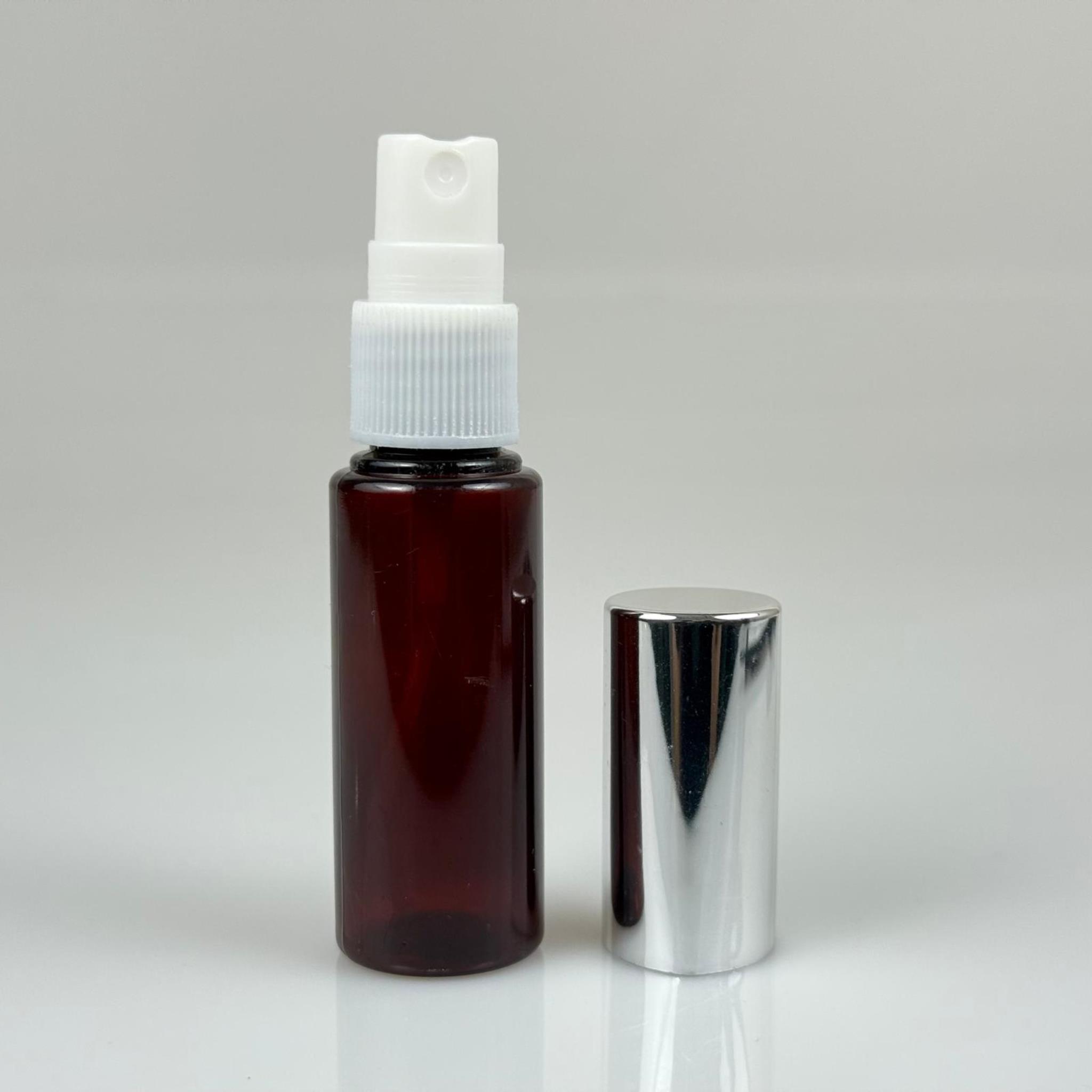 30 ML PET KOLONYA, PARFÜM VB ŞİŞELERİ - METAL ALÜMİNYUM GÜMÜŞ KAPAK + VİDALI SPREY + 30 CC AMBER SHOT ŞİŞE SET TAKIM