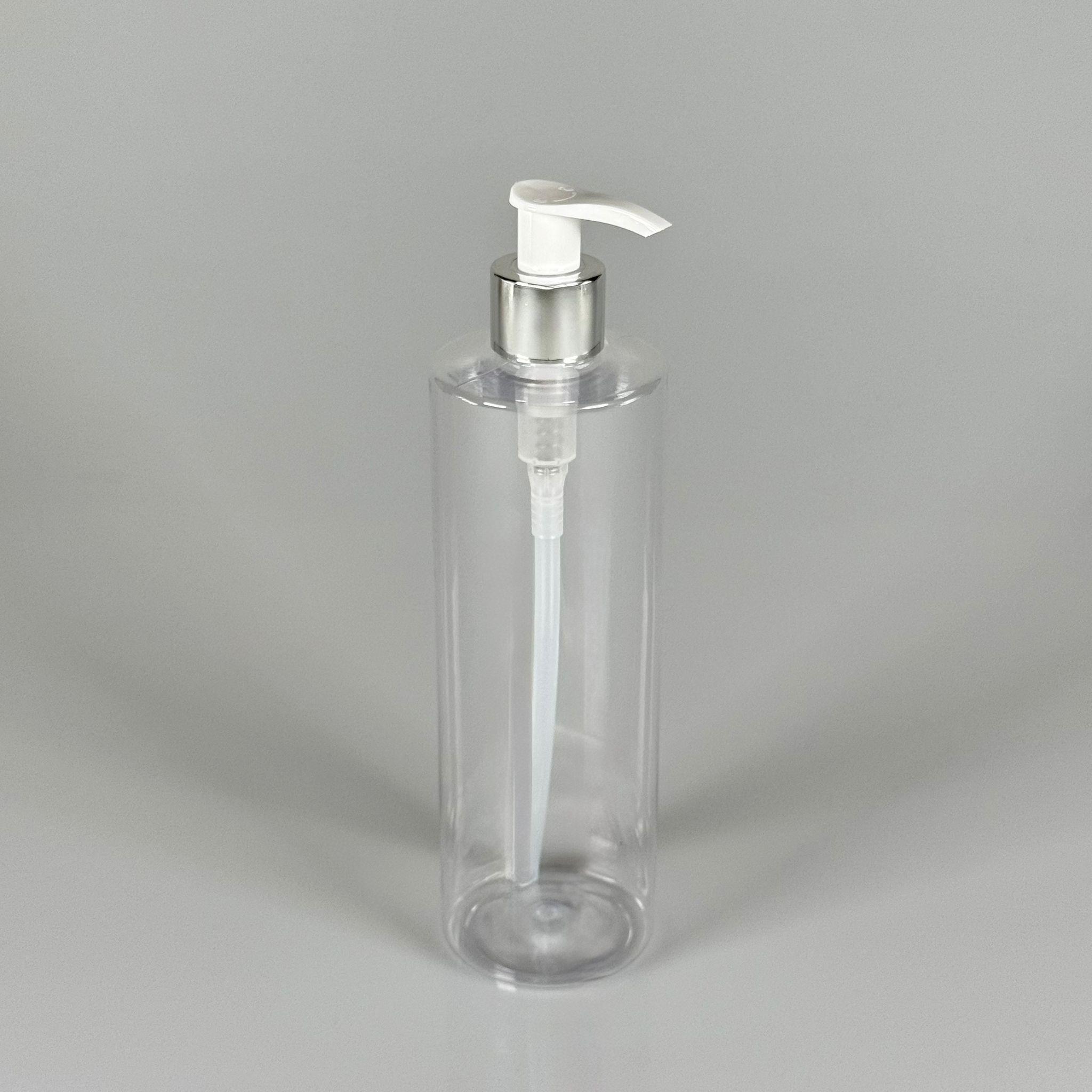 400 CC KÜT BOYUNLU SİLİNDİR PET ŞİŞE (30 GR) - GÜMÜŞ SIVI SABUN POMPALI - 400 ML PLASTİK ŞİŞE - ŞEFFAF