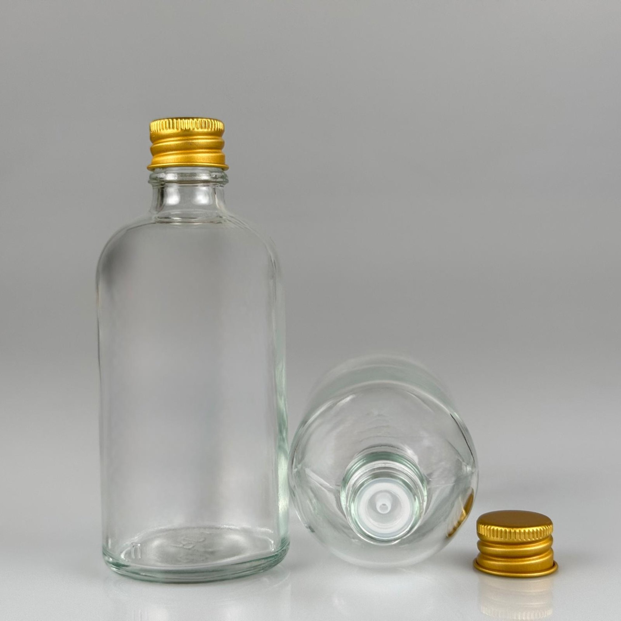 100 CC ŞEFFAF CAM ŞİŞE + KÖPÜK CONTALI GOLD ALÜMİNYUM METAL KAPAKLI + KOLONYA TIPALI TAKIM - 100 ML ŞEFFAF CAM ŞİŞE