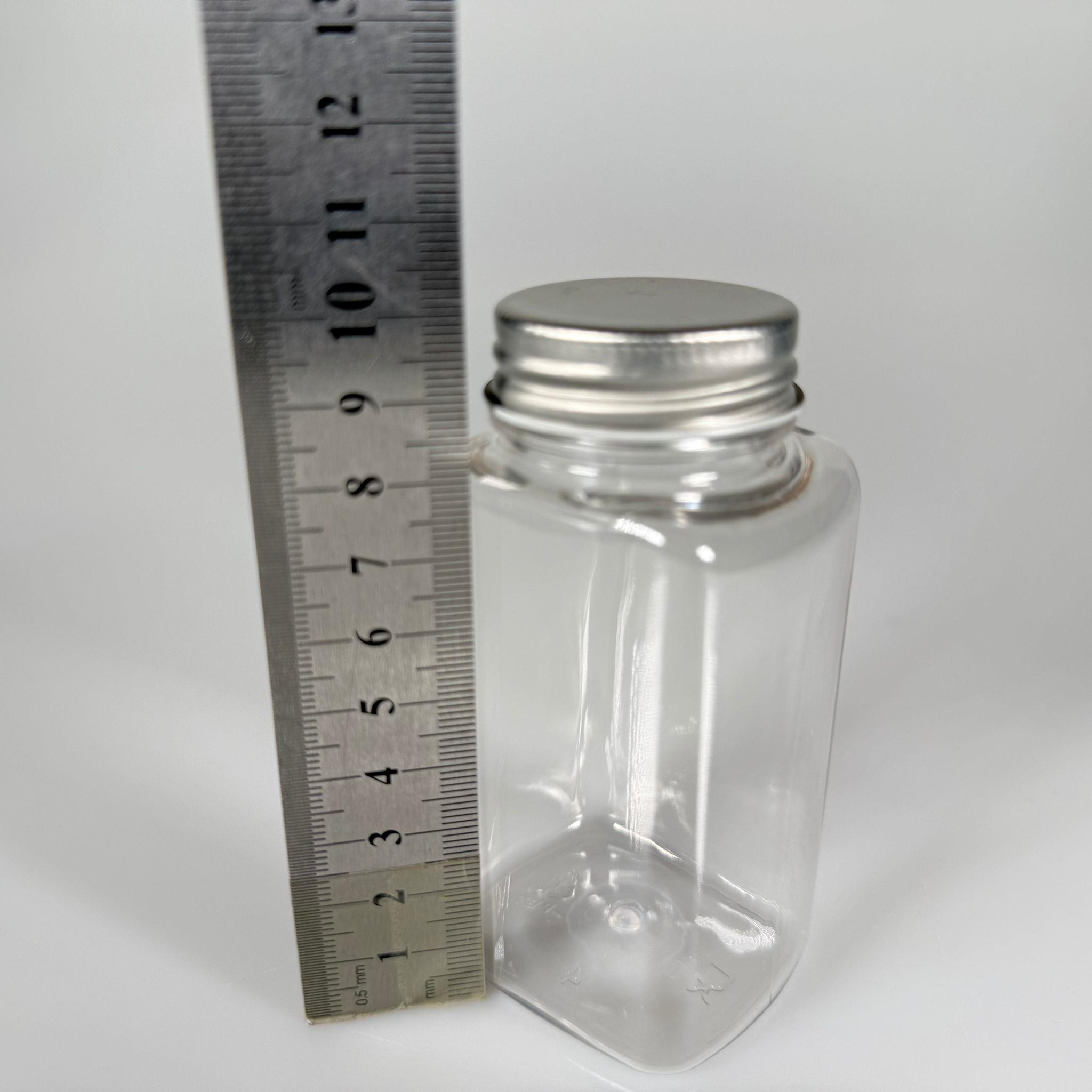 BAHARAT, TOZ, KAHVE, SAHLEP VB MUTFAK DÜZENLEME İÇİN KARE PLASTİK MİNİ KAVANOZLAR - 150 ML -  RAF DÜZENLEYİCİ GIDAYA UYGUN KÖŞELİ GÜMÜŞ METAL KAPAKLI PET KAVANOZLARI