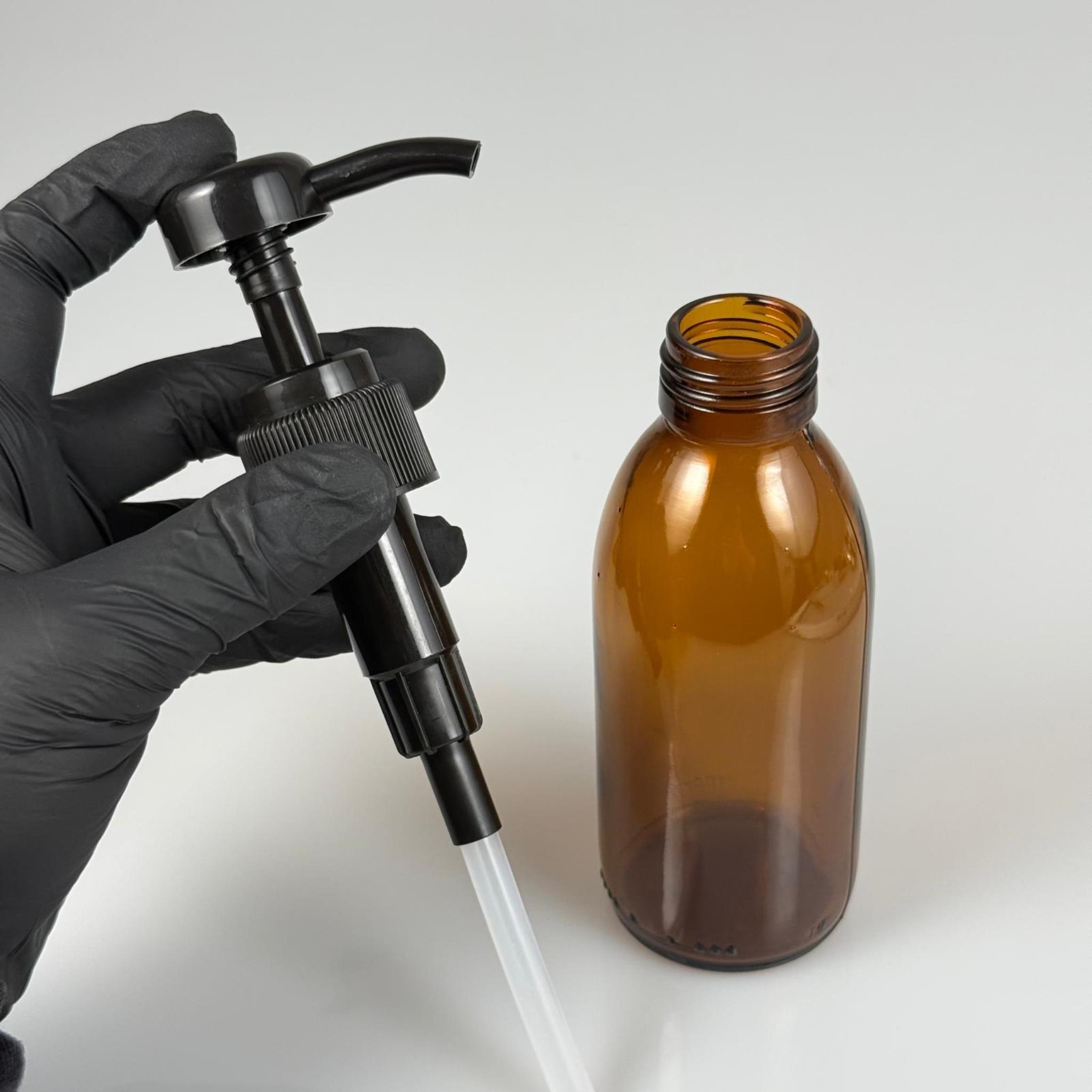 160 CC AMBER CAM ŞİŞE  - SİYAH ŞAMPUAN DOZAJ POMPALI TAKIM - 160 ML CAM SIVI LOSYON, YAĞ ŞİŞELERİ