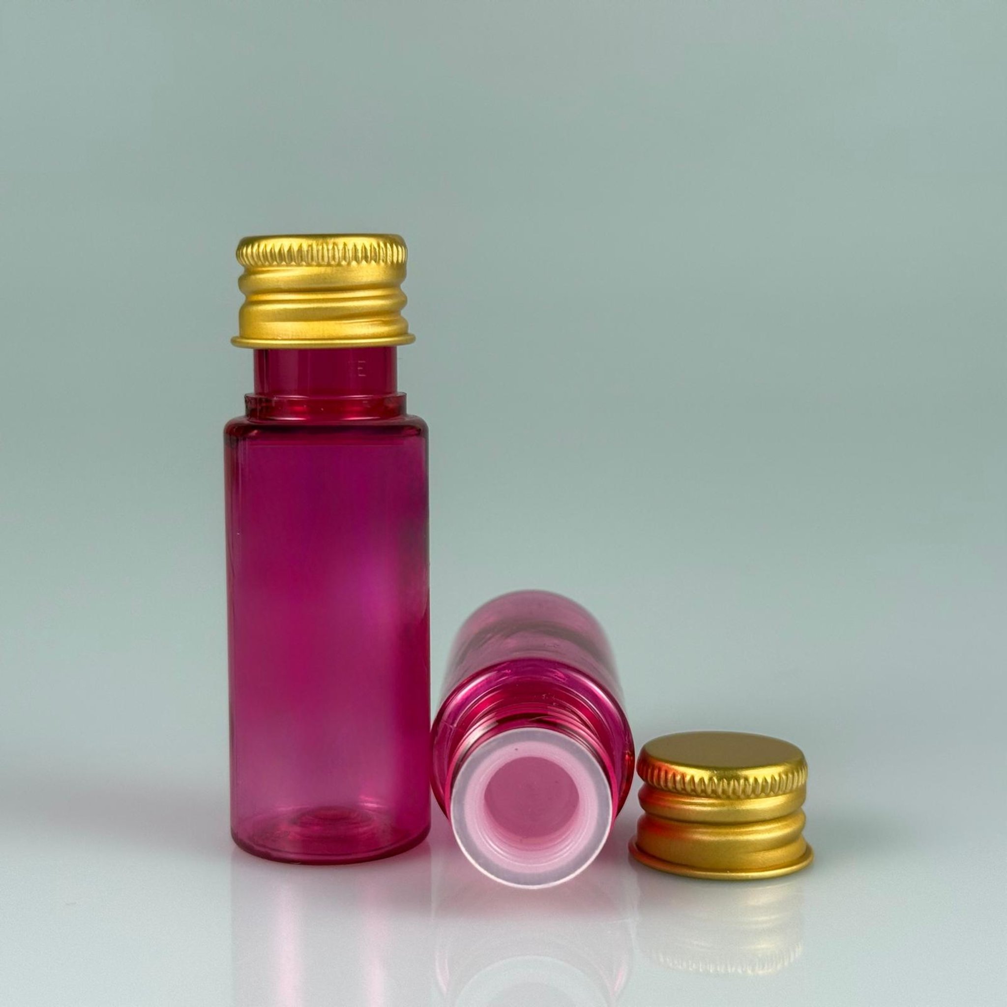 15 CC SİLİNDİR PEMBE PET ŞİŞE + KÖPÜK CONTALI GOLD ALÜMİNYUM METAL KAPAKLI + KÖR TIPALI TAKIML - 15 ML PEMBE PET ŞİŞE