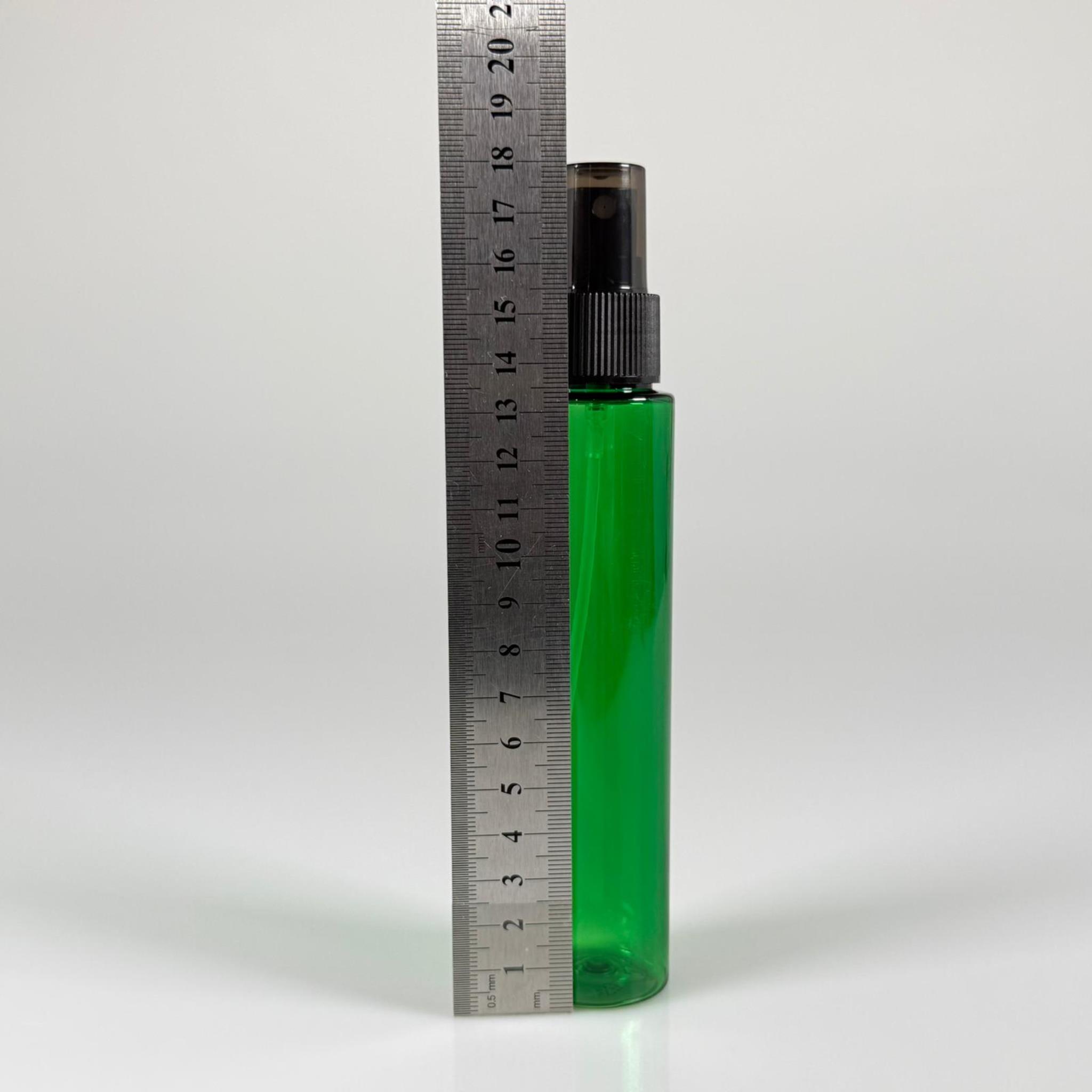 100 CC UZUN SİLİNDİR YEŞİL PET ŞİŞE (24 GR)  - SİYAH SPREYLİ - 100 ML BİBERİYE SUYU, LAVANTA YAĞI, SAÇ SERUM, TONİK VB İÇİN PLASTİK KOZMETİK AMBALAJLARI