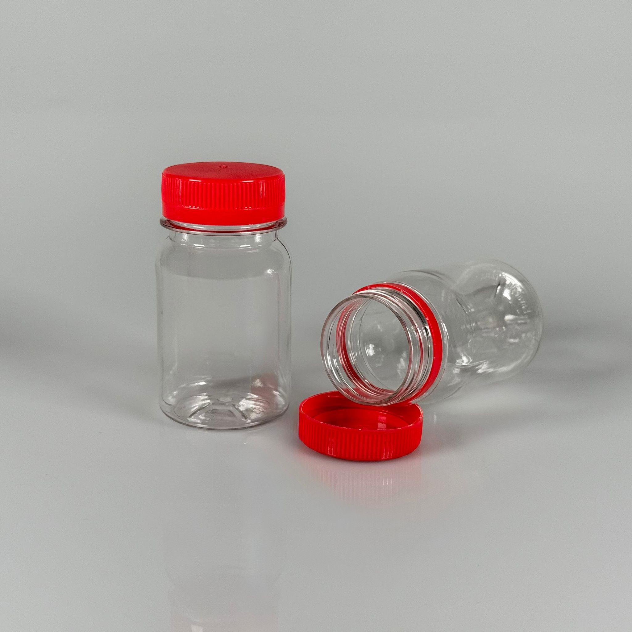 100 CC SİLİNDİR PET ŞİŞE (15,6 GR) - 38 MM GENİŞ AĞIZLI KİLİTLİ KIRMIZI KAPAKLI  - 100 ML PLASTİK BOŞ ŞİŞELER