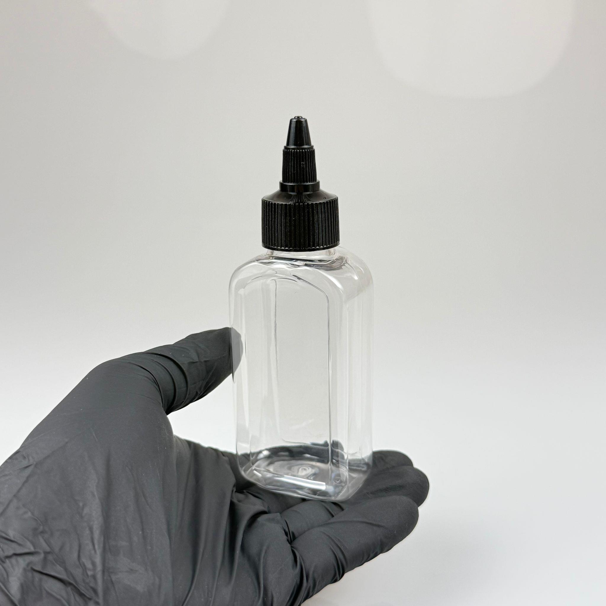 YAĞ, SOS, ACI SOS, SİRKE, SRIRACHA, MÜREKKEP, TUTKAL AKITICI VB BOŞ ŞİŞELERİ - SİYAH SİVRİ TWİST AKITICI KAPAK + 100 ML YASSI KÖŞELİ SERT PET PLASTİK ŞİŞE TAKIM