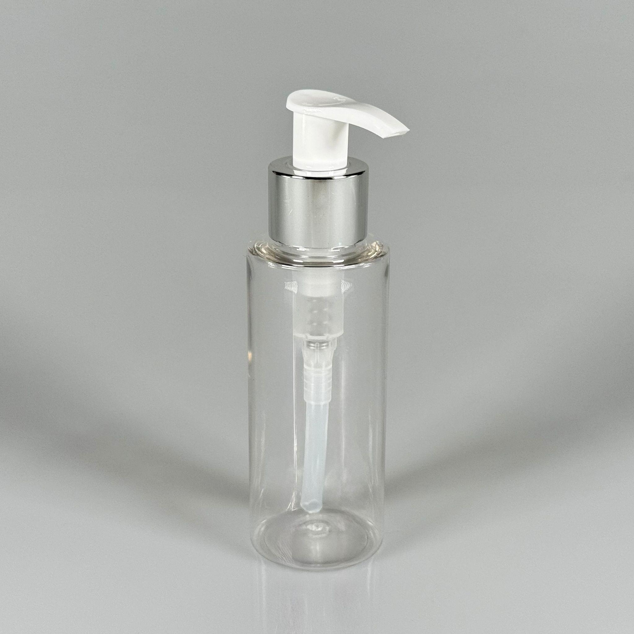 100 CC SİLİNDİR KESKİN KÜT MODEL SERT (17 GR) PET ŞİŞE - GÜMÜŞ SIVI SABUN POMPALI - JEL, PEELING, SERUM, GÜNEŞ KREMİ GİBİ YOĞUN KIVAMLI SIVILAR İÇİN- AĞIZ ÇAPI 24 MM - ŞEFFAF