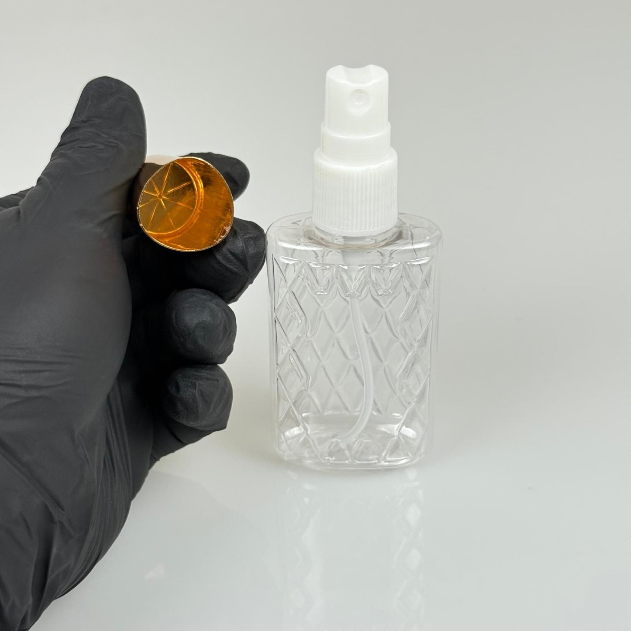 50 ML PET KOLONYA, PARFÜM VB ŞİŞELERİ - METAL ALÜMİNYUM GOLD KAPAK + VİDALI SPREY + 50 CC KÖŞELİ ŞEFFAF ŞİŞE SET TAKIM