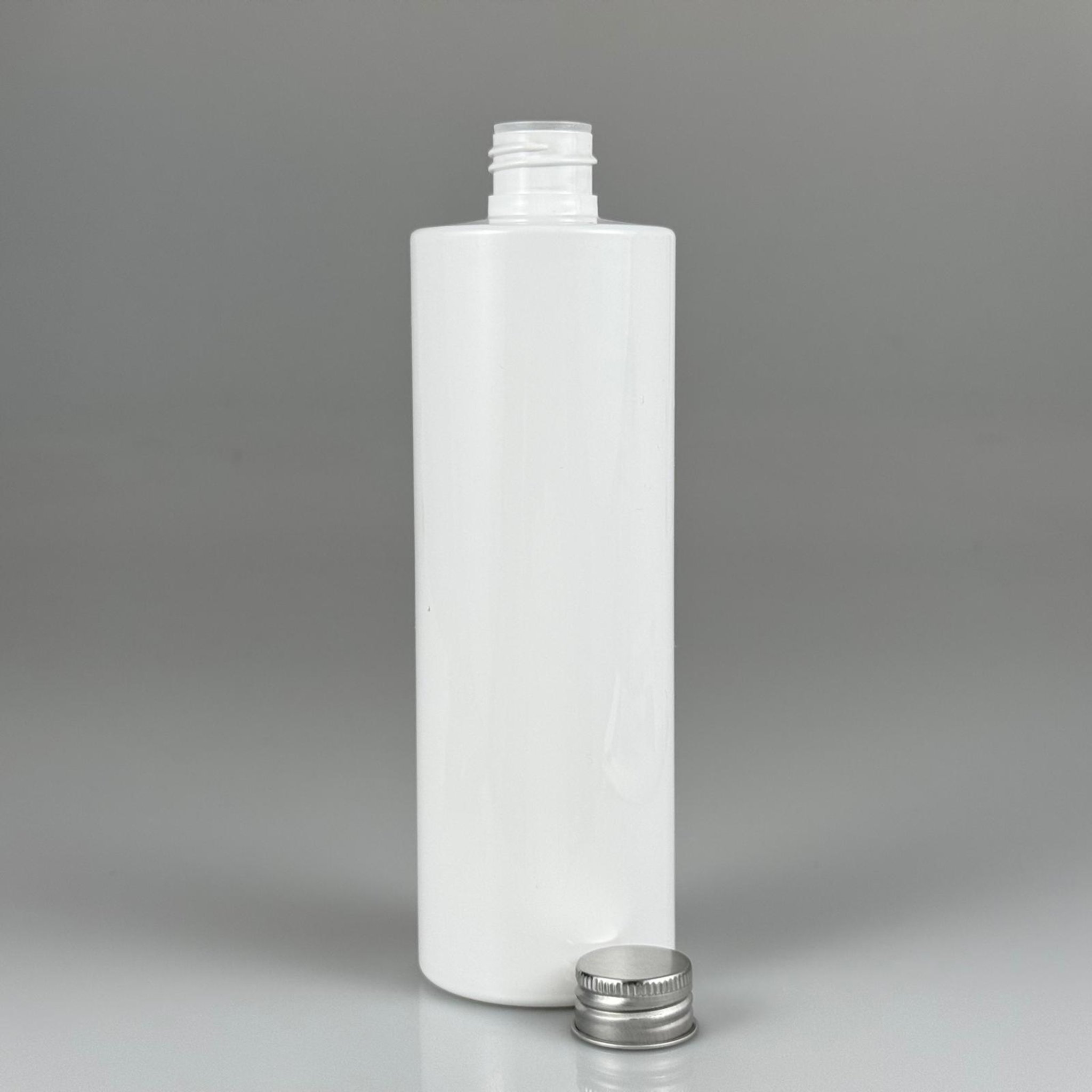 400 CC BEYAZ KÜT BOYUNLU SİLİNDİR PET ŞİŞE (30 GR - 24 AĞIZ ) + KÖPÜK CONTALI GÜMÜŞ METAL ALÜMİNYUM KAPAKLI + KOLONYA TIPALI TAKIM - 400 ML  KAPAKLI BEYAZ PLASTİK ŞİŞELER