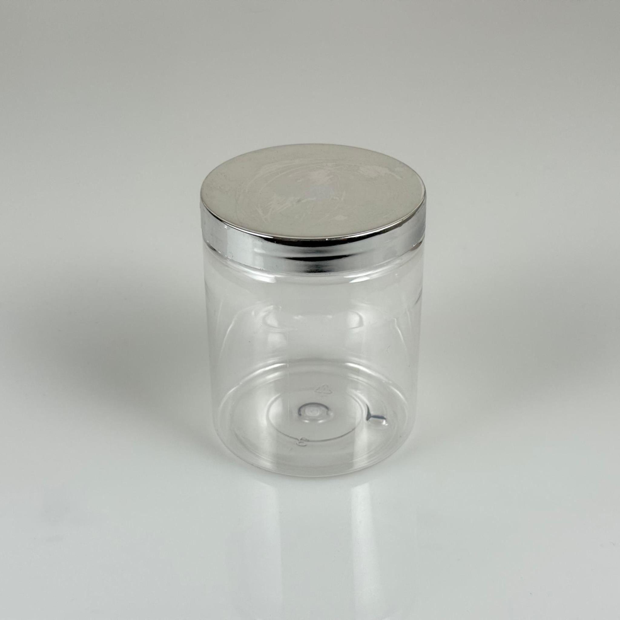 300 CC ŞEFFAF SERT PLASTİK KAVANOZ - GÜMÜŞ KAPLAMALI PLASTİK KAPAKLI - 300 ML PLASTİK KREM KAVANOZU