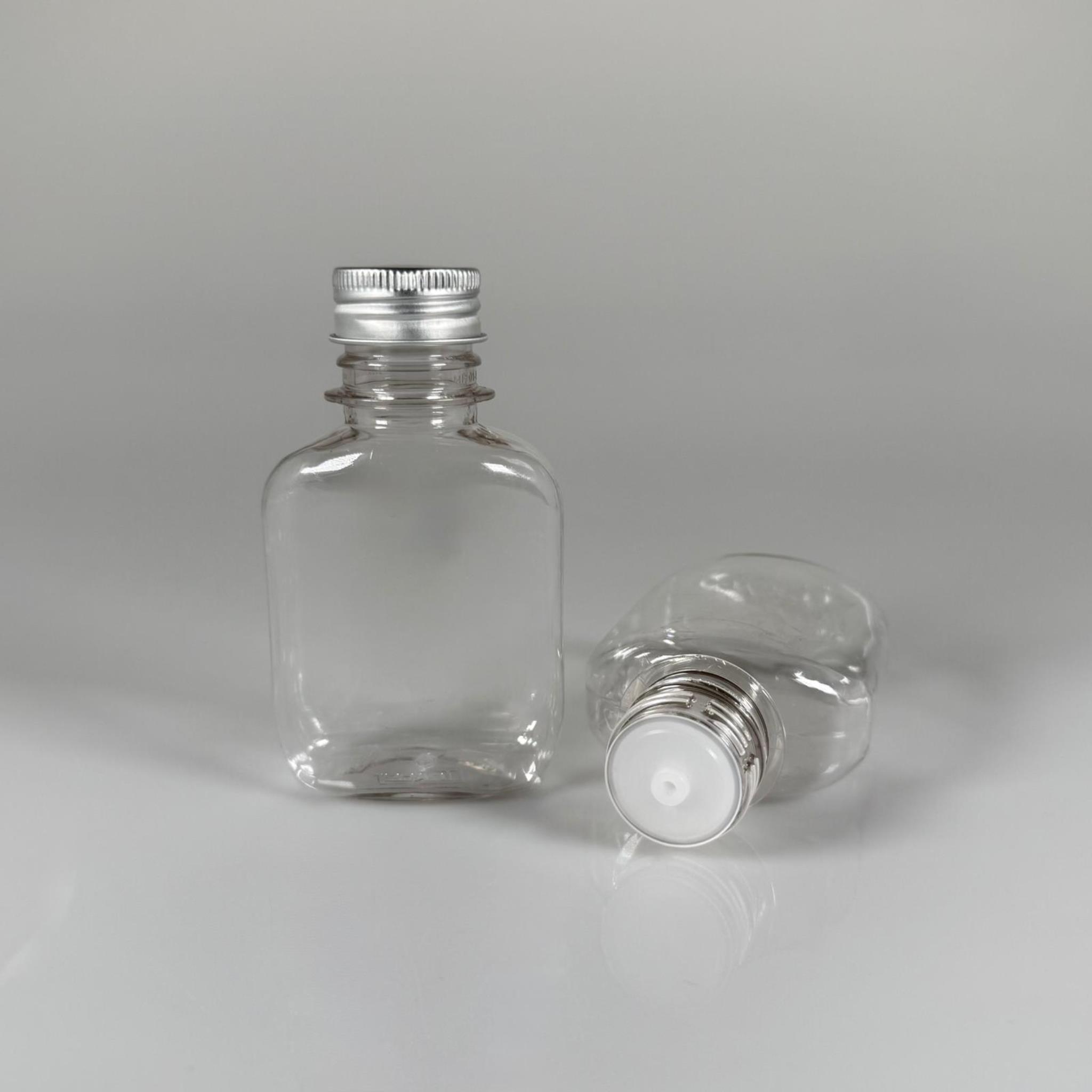 100 ML YASSI METAL KAPAKLI KOLONYA TIPALI PET ŞİŞE - 100 CC CONTALI GÜMÜŞ ALÜMİNYUM KAPAKLI PLASTİK ŞİŞE