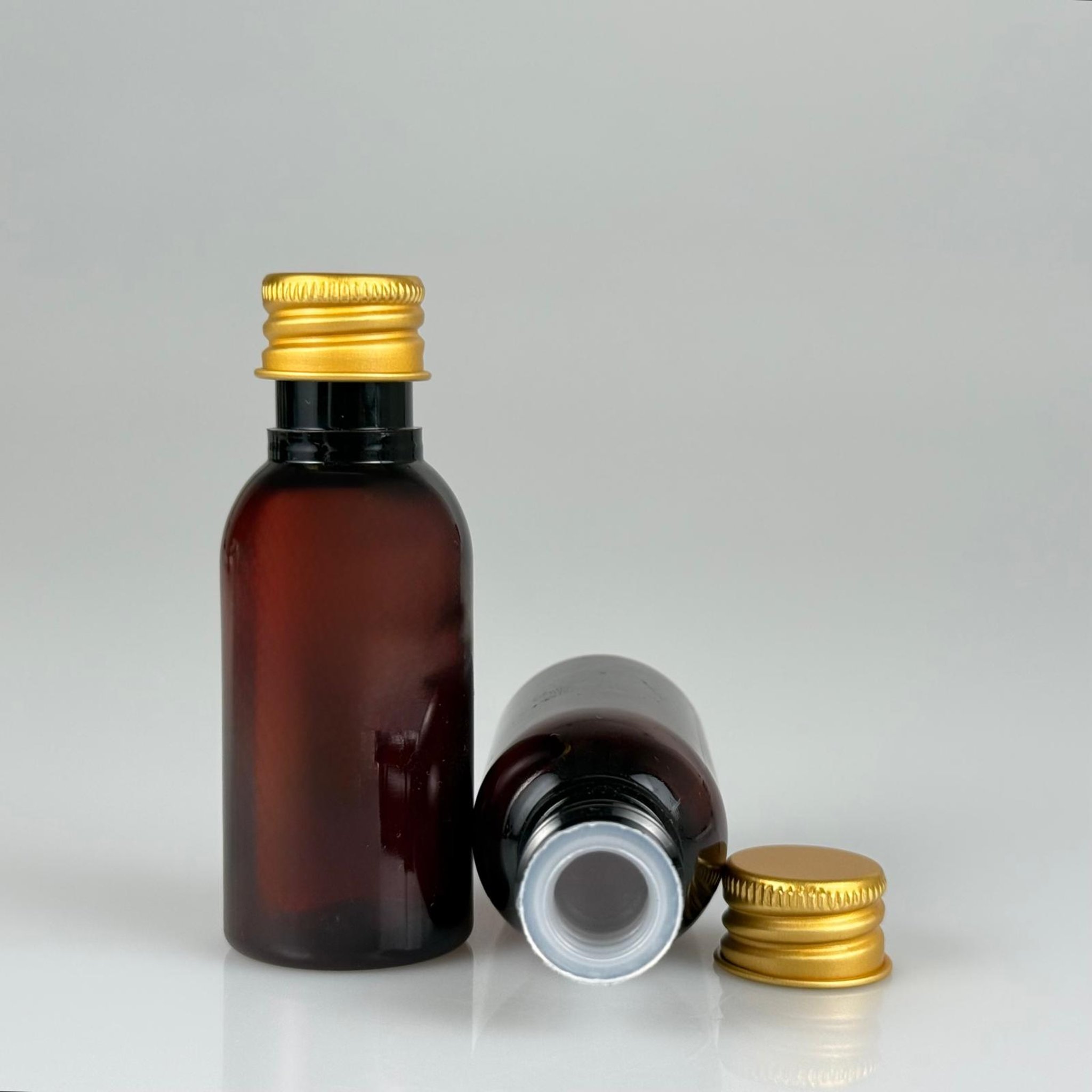 35 CC AMBER PET ŞİŞE - KÖPÜK CONTALI GOLD ALÜMİNYUM METAL KAPAKLI + KÖR TIPALI TAKIM - 35 ML KAHVERENGİ PET ŞİŞE