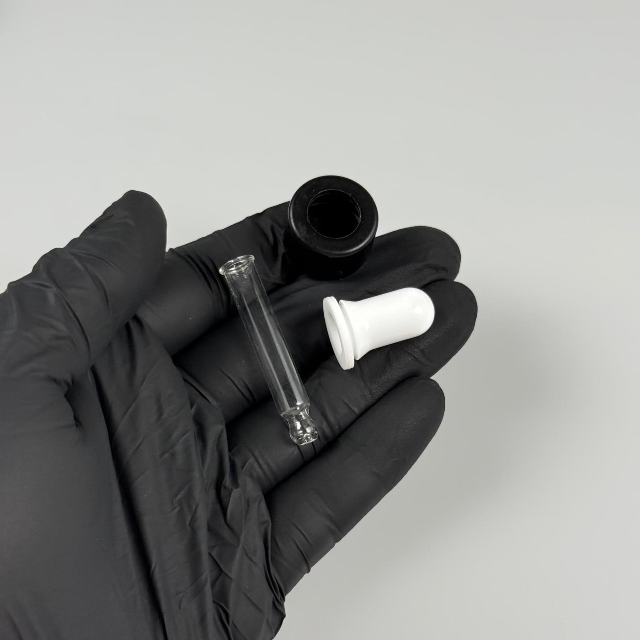 18 MM CAM DAMLALIKLI TAKIM - BEYAZ EMZİK + DELİKLİ PLASTİK DÜZ SİYAH KAPAK + 42 MM CAM PİPET