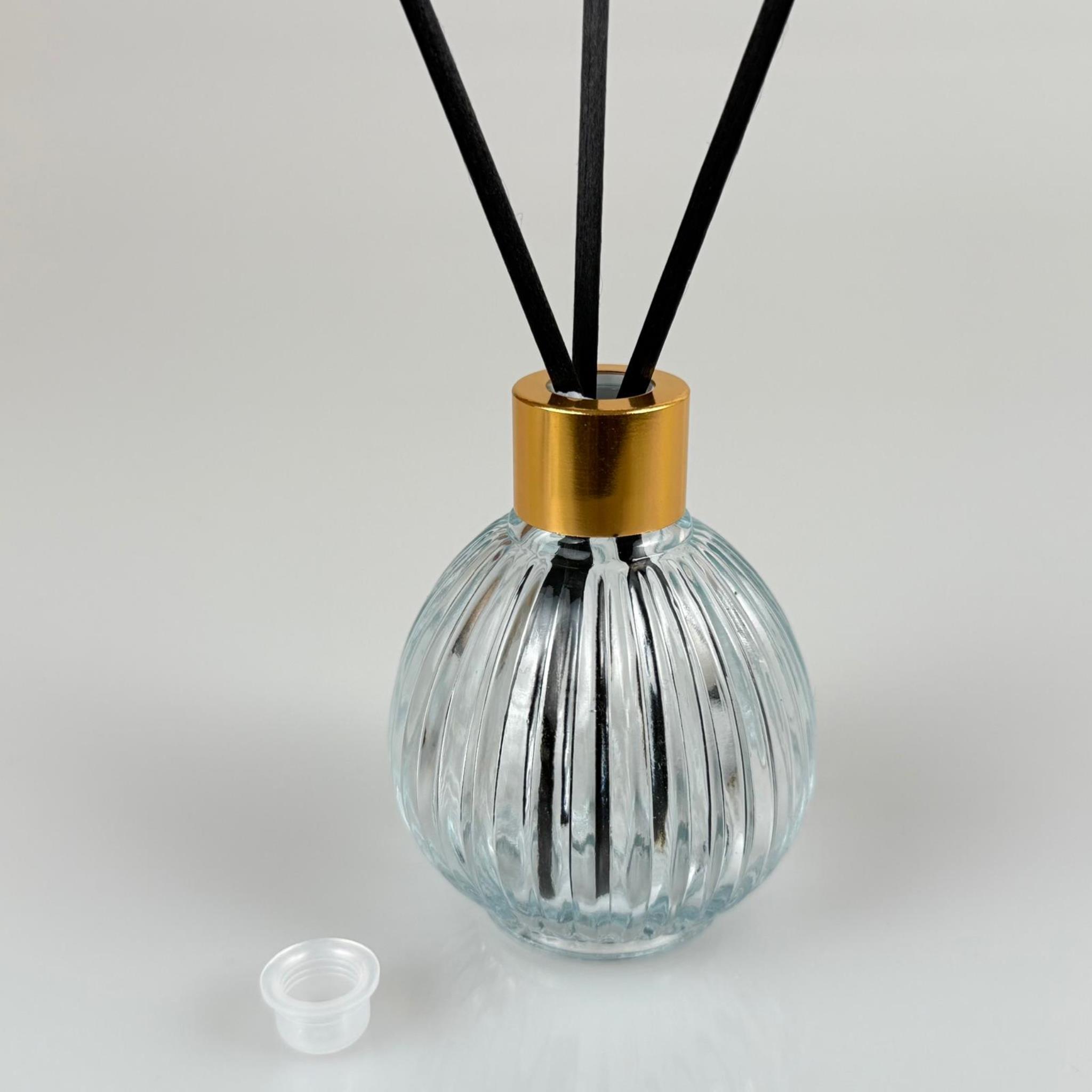 ÇİZGİLİ TOP MODEL CAM BAMBU ODA KOKUSU ŞİŞESİ + METAL GOLD KAPAK + TIPA + 3 ADET FİBER BAMBU ÇUBUK - 50 ML SET TAKIM - HEDİYELİK PROMOSYON DİFFUSER ŞİŞELERİ