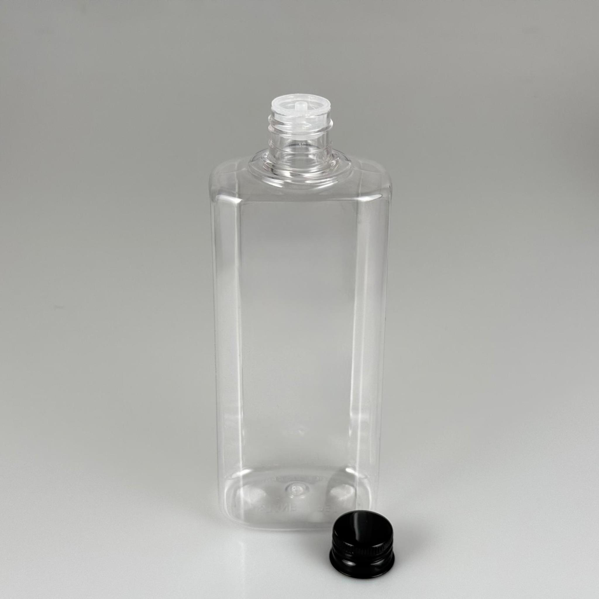 400 CC YASSI MODEL ŞEFFAF PET ŞİŞE (24 AĞIZ) + KÖPÜK CONTALI SİYAH METAL ALÜMİNYUM KAPAKLI + KOLONYA TIPALI TAKIM - 400 ML KAPAKLI PLASTİK ŞİŞELER