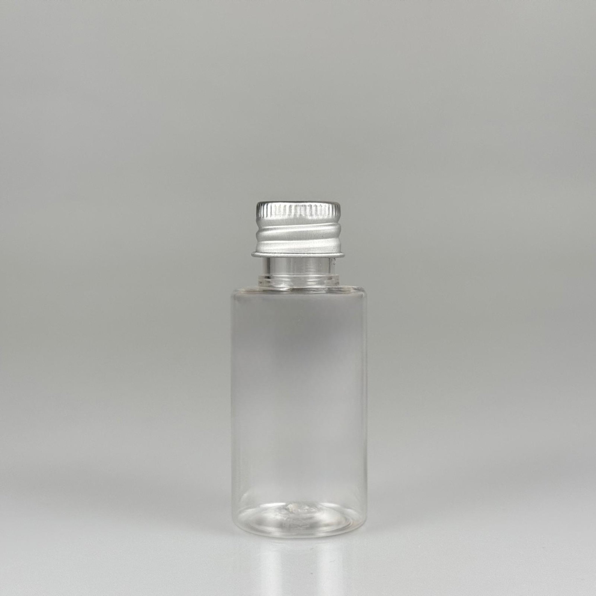 30 CC SİLİNDİR KISA MODEL PET ŞİŞE - KÖPÜK CONTALI GÜMÜŞ ALÜMİNYUM METAL KAPAKLI TAKIM - 30 ML ŞEFFAF PET ŞİŞE