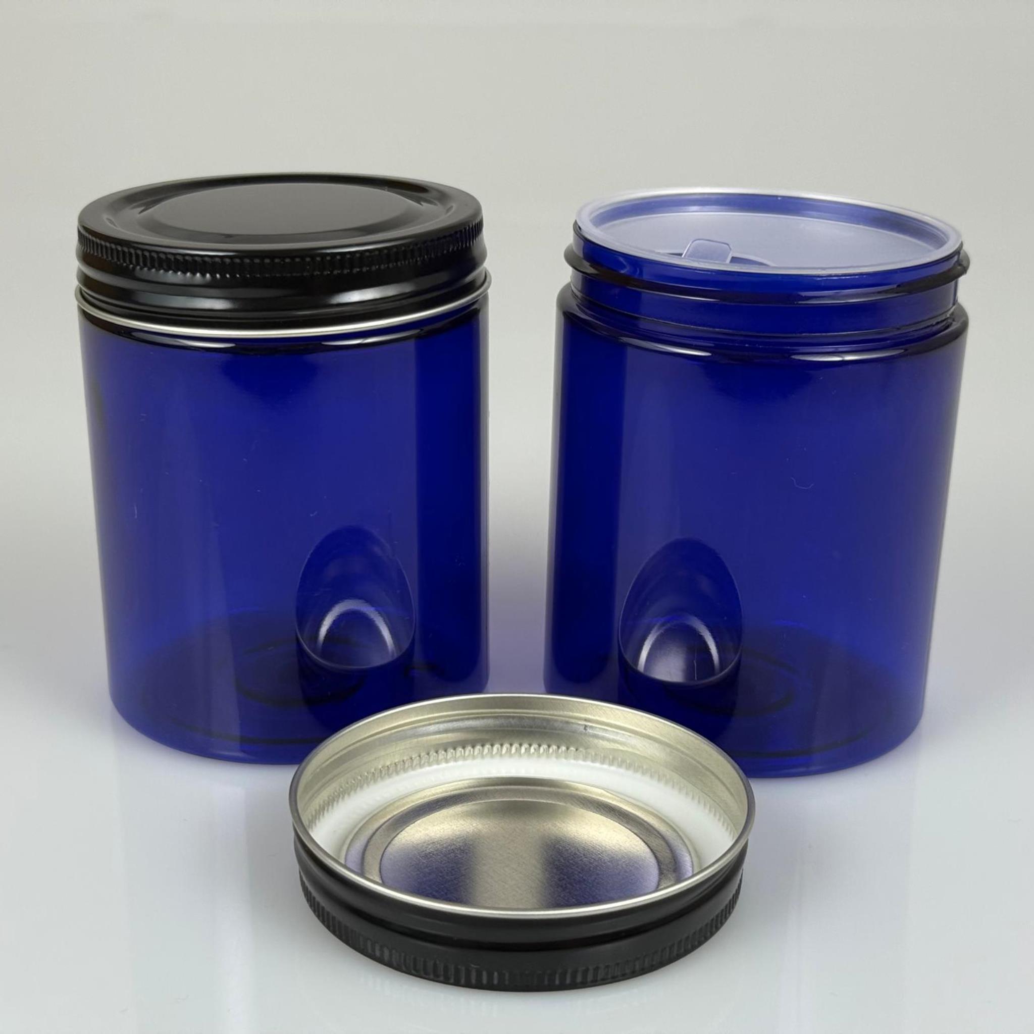 300 ML SERT PET KAVANOZ + SİYAH METAL KAPAK + İÇ TIPA - 300 CC KALIN MAVİ PLASTİK KAVANOZ SİYAH METAL KAPAKLI İÇ TIPALI TAKIM - KREM KAVANOZLARI