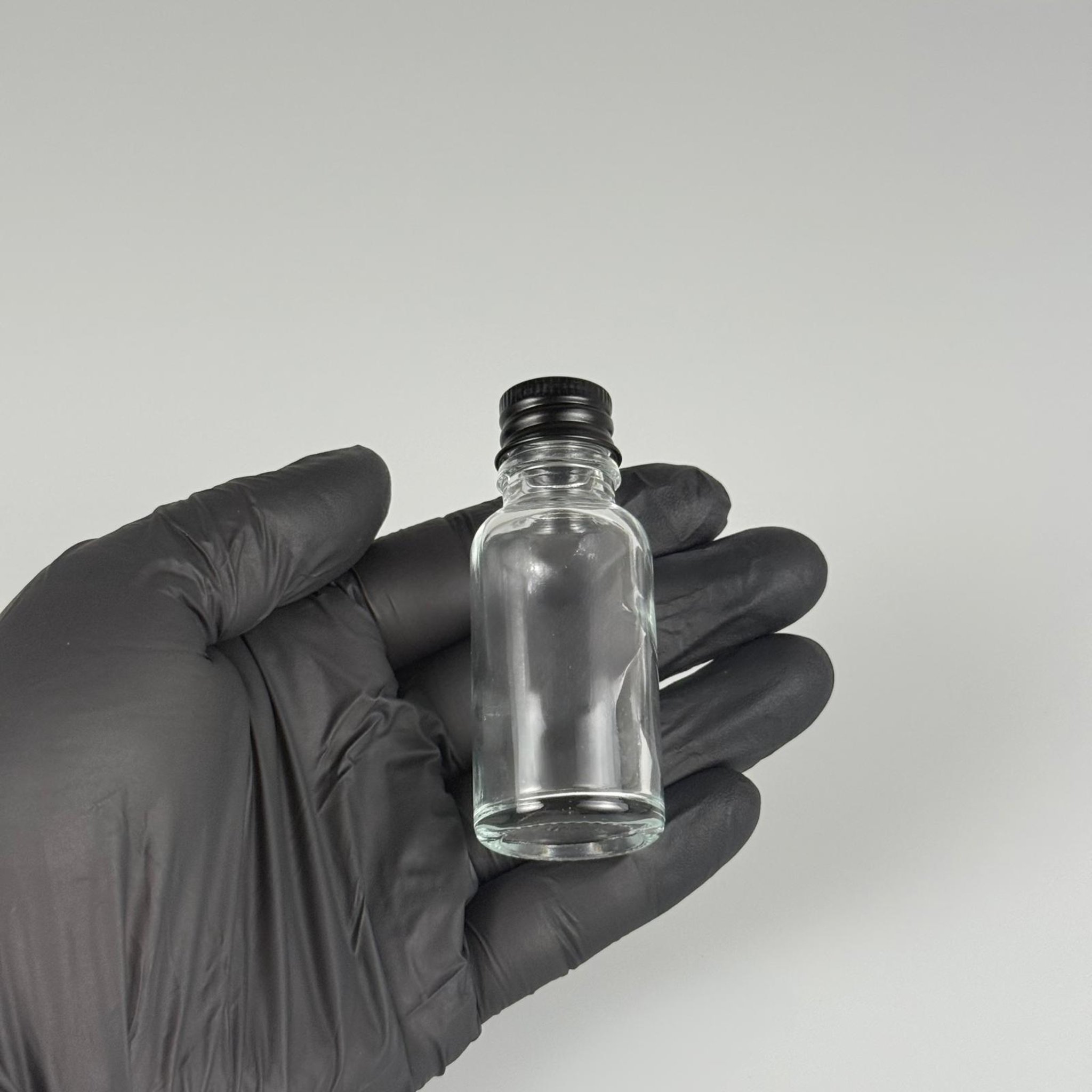 20 CC ŞEFFAF CAM ŞİŞE + KÖPÜK CONTALI SİYAH ALÜMİNYUM METAL KAPAKLI + KÖR TIPALI TAKIM - 20 ML ŞEFFAF CAM ŞİŞE