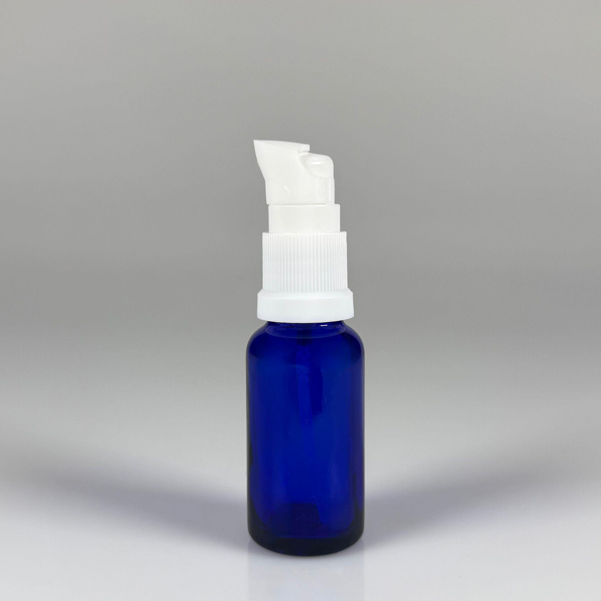 20 CC MAVİ CAM ŞİŞE - SIZDIRMAZ ETEKLİ BEYAZ LOSYON POMPALI TAKIM - 20 ML LOSYON ŞİŞESİ - YAĞ, KREM GİBİ YOĞUN KIVAMLI SIVILAR İÇİN CAM AMBALAJ