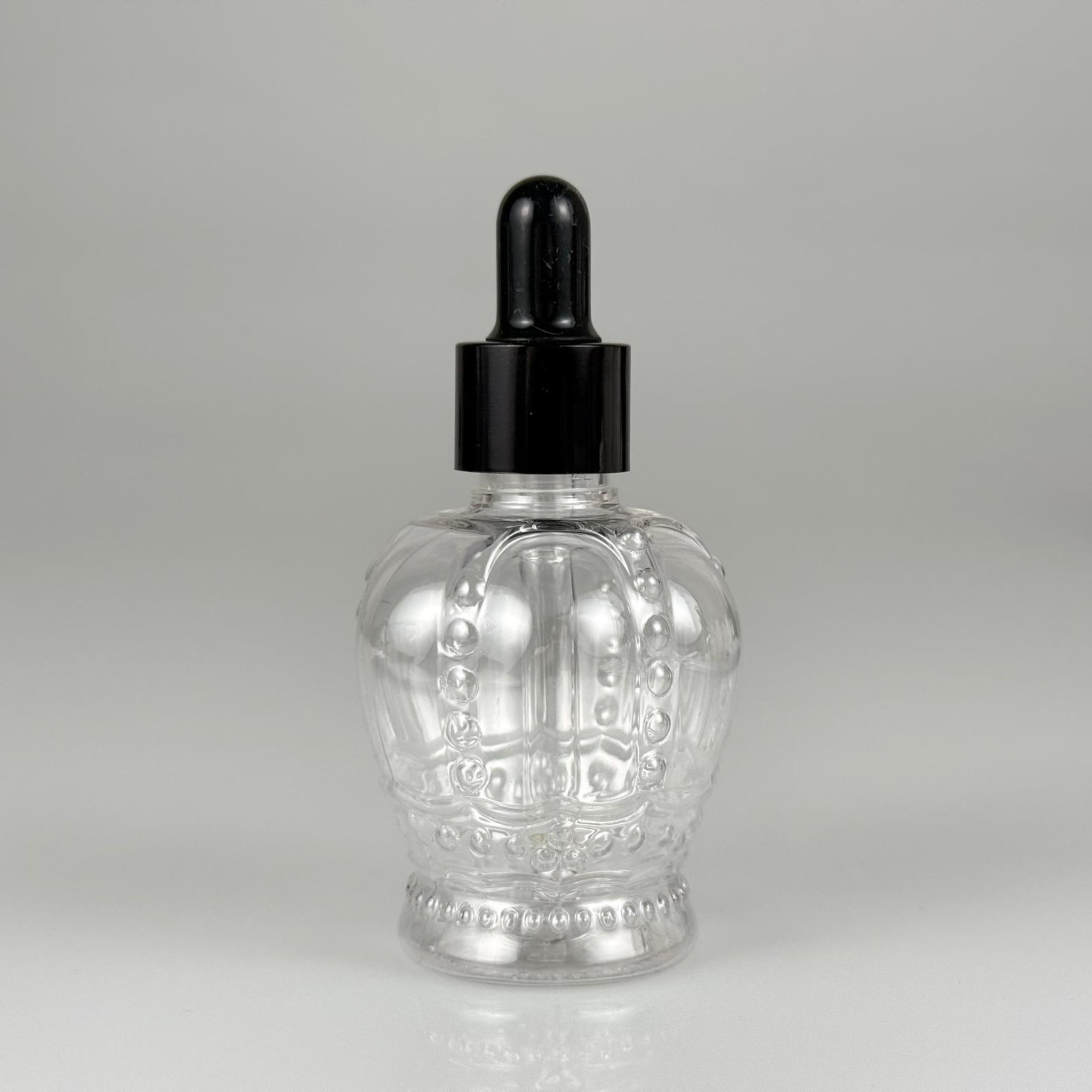 60 CC KRAL TACI MODEL CAM DAMLALIKLI PET ŞİŞE - 60 ML PLASTİK ŞİŞE + SİYAH EMZİK + SİYAH METAL KAPAK + CAM PİPET TAKIM