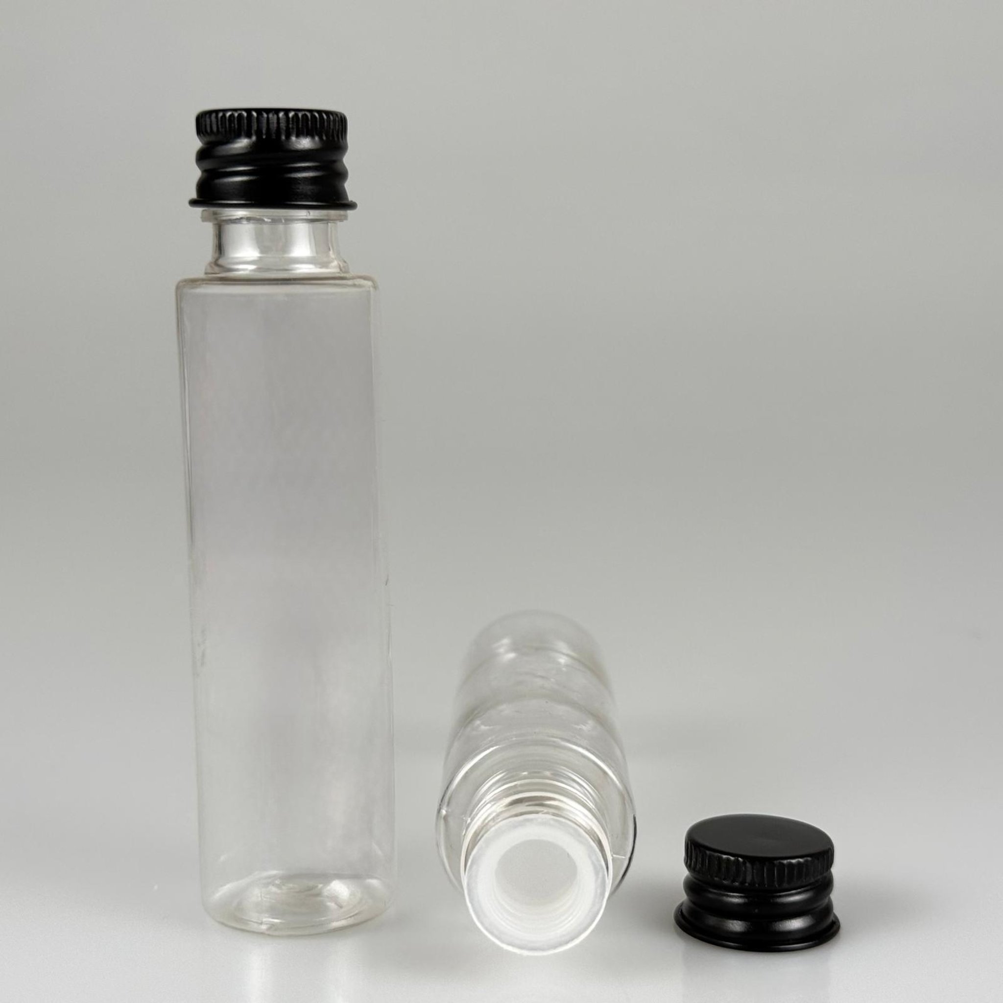 35 CC PET ŞİŞE - KÖPÜK CONTALI SİYAH ALÜMİNYUM METAL KAPAKLI + KÖR TIPALI TAKIM - 35 ML ŞEFFAF PET ŞİŞE