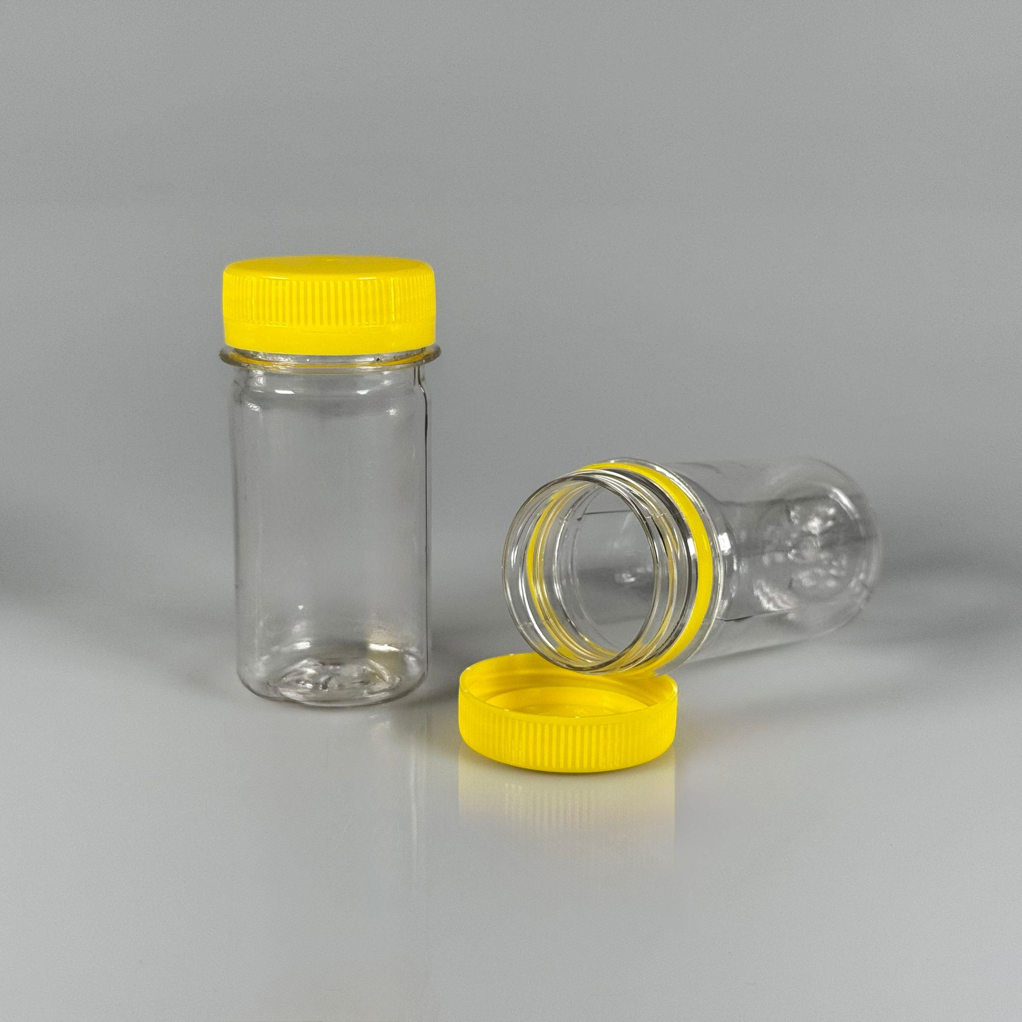 60 CC SİLİNDİR PET ŞİŞE (15,6 GR) - 38 MM GENİŞ AĞIZLI KİLİTLİ SARI  KAPAKLI - 60 ML PLASTİK NUMUNE BOŞ ŞİŞELER