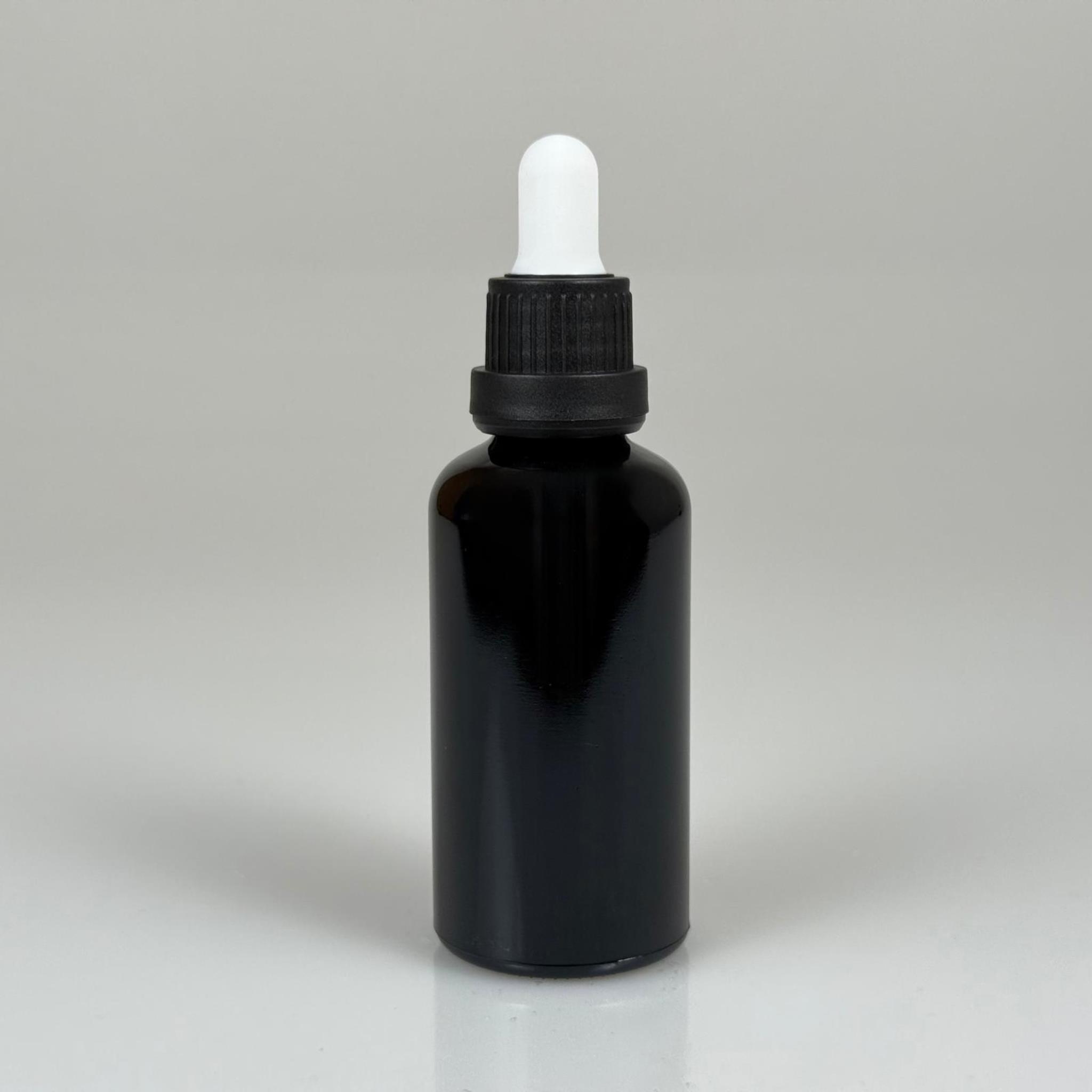 50 CC SİYAH CAM DAMLALIKLI ŞİŞE - BEYAZ EMZİK - SİYAH PLASTİK KİLİTLİ KAPAK - 50 ML SİYAH CAM DAMLALIKLI ŞİŞE