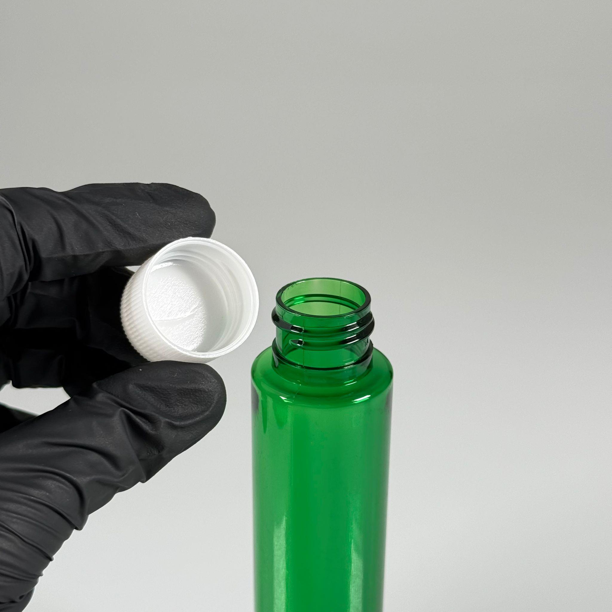 100 CC UZUN SİLİNDİR YEŞİL PET ŞİŞE (24 GR)  - CONTALI BEYAZ KAPAKLI - 100 ML BİBERİYE SUYU, LAVANTA YAĞI, SAÇ SERUM, TONİK VB İÇİN PLASTİK KOZMETİK AMBALAJLARI